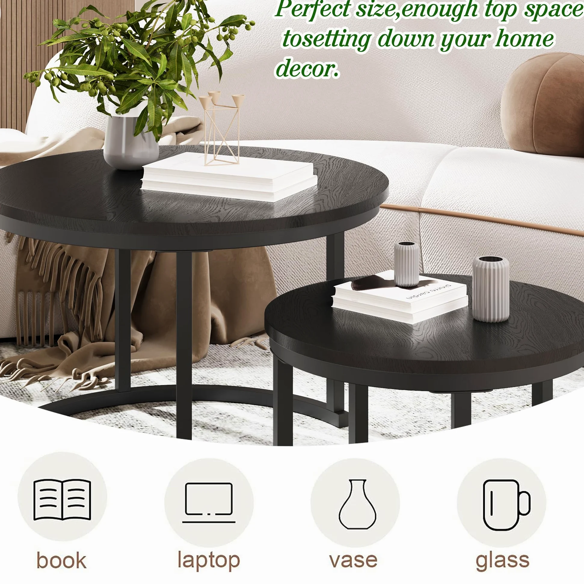 HOMERECOMMEND Tavolino rotondo, set da 2 pezzi, tavolino da salotto in legno, moderno, con struttura in metallo, per soggiorno, balcone, nero