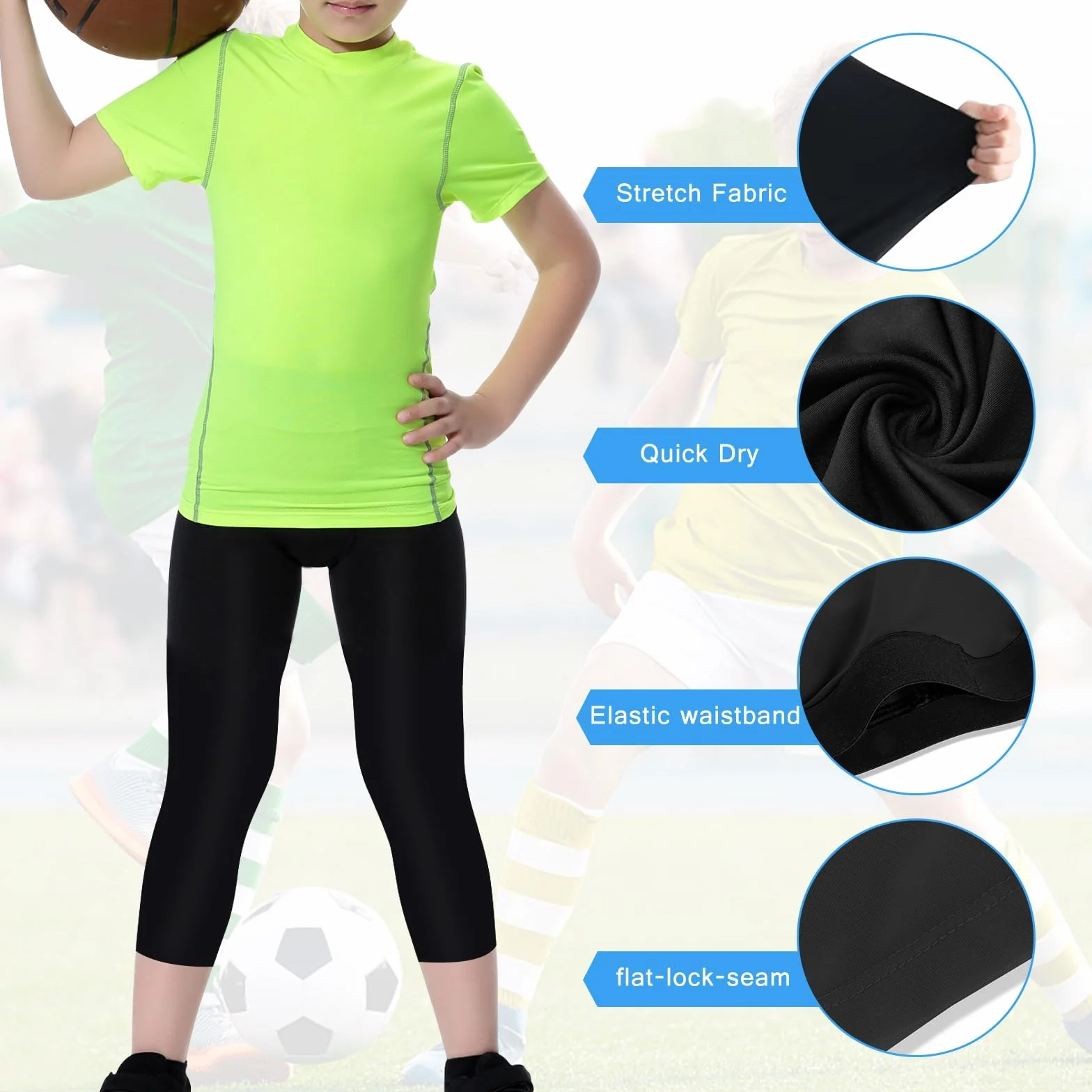Hotfiary Ragazzi Leggings di Compressione, Bambini 3/4 Lunghezza Basket Calcio Calzamaglia Pantaloni, Strato di Base Ad Asciugatura Rapida, Ragazzi Atletici Sport Corsa Collant Pantaloni per 6-14 Anni