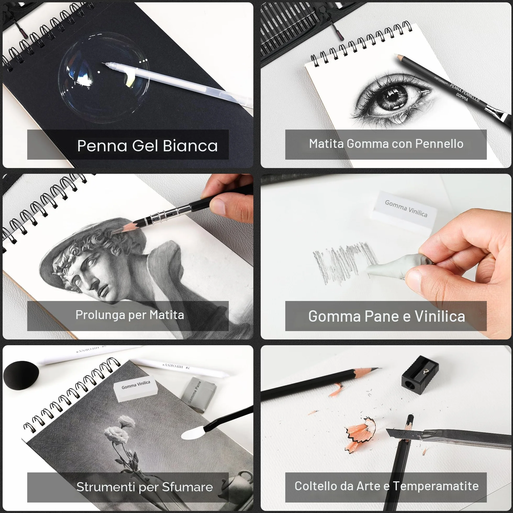 HIFORNY Set da 100 pezzi per disegno e schizzi, forniture artistiche professionali con grafite, carbone, colorate, acquerelli, matite metalliche, strumenti di miscelazione, album da disegno e libro da