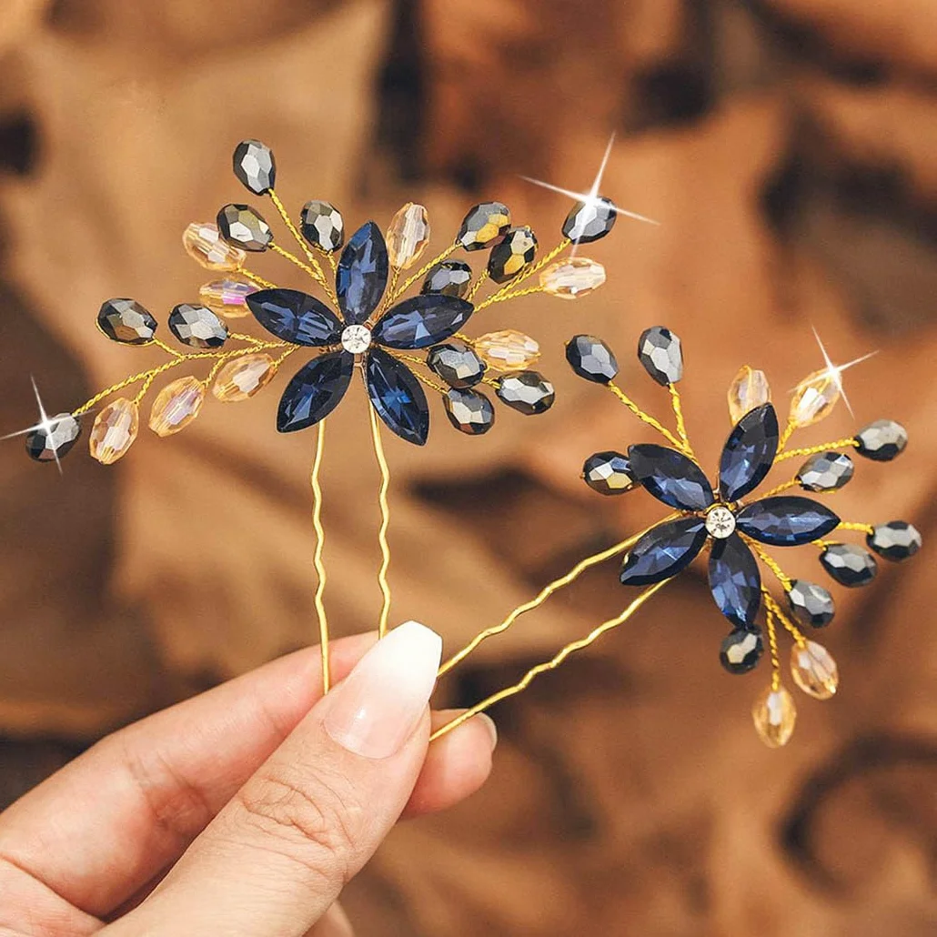 Strass Matrimonio Fermagli Capelli Blu Marina Fiore Cristallo Barocco Damigella D'onore Prom Accessori Donne Confezione da 2