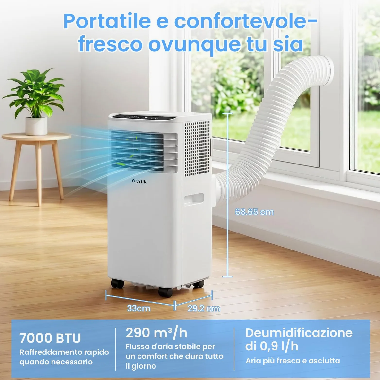 Climatizzatore mobile 7000 BTU con tubo di scarico, climatizzatore mobile 4 in 1, funzionamento silenzioso, display digitale + telecomando, kit di installazione per finestre, timer 24 ore, per stanze