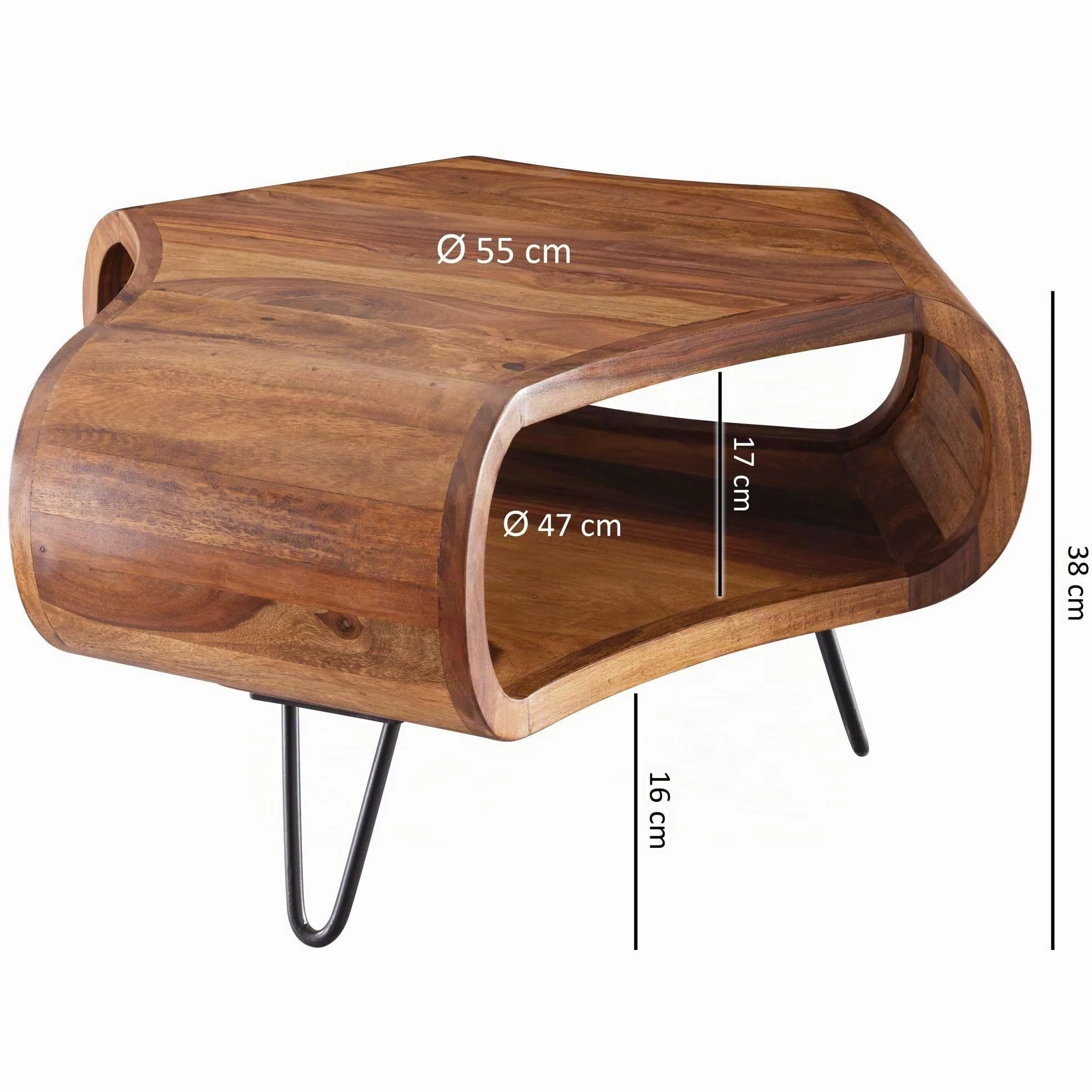 FineBuy Tavolino 55x55x38 cm Sheesham Massello con Vano Portaoggetti | tavolino da soggiorno con gambe in metallo in stile country, tavolino piccolo da divano in legno, pezzo unico fatto a mano