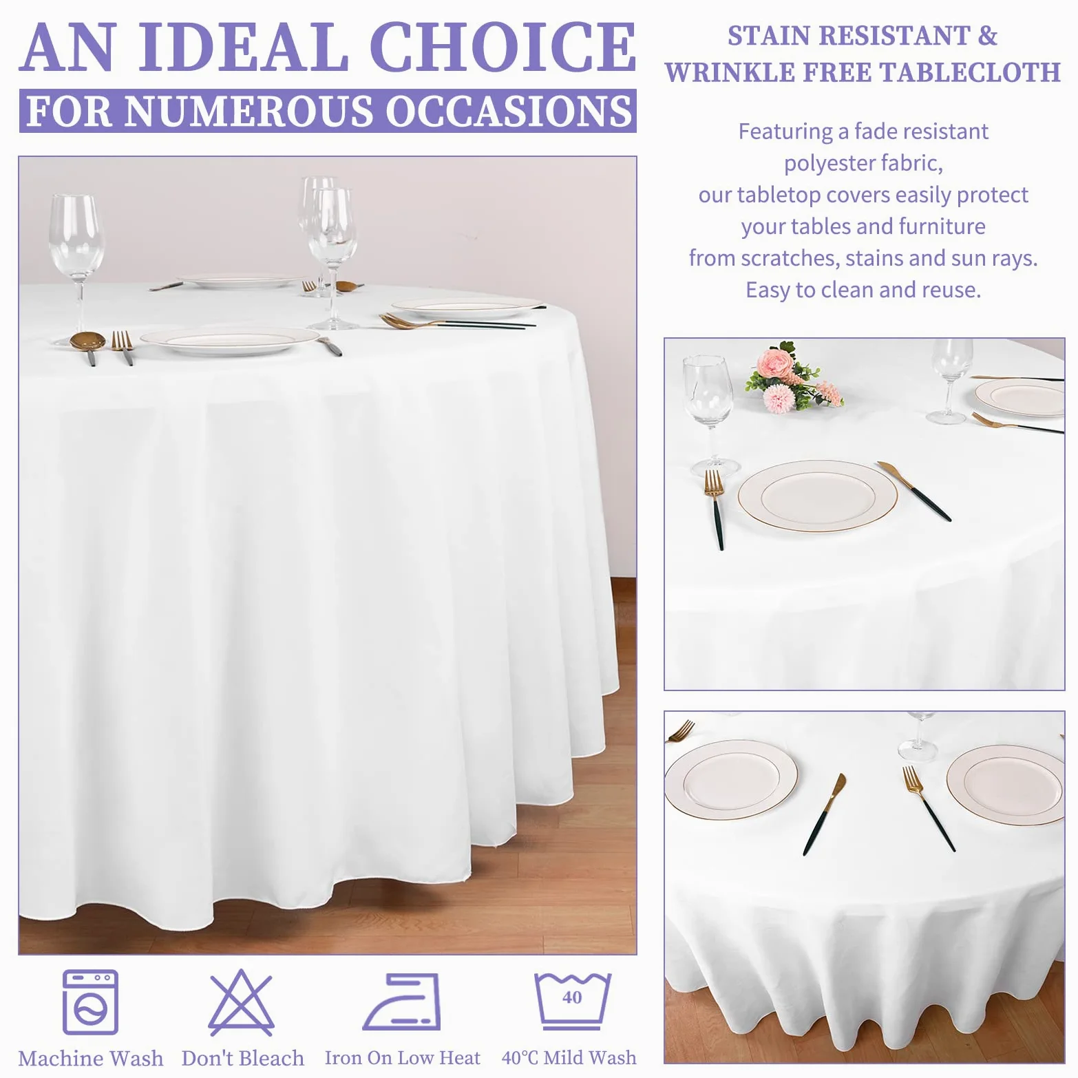 Showgeous 10 Pezzi Tovaglia Rotonda Bianca 228cm Tovaglia in Tessuto di Poliestere Copritavolo in Tessuto Lavabile per Banchetti di Nozze Ristorante Buffet Feste e Campeggio