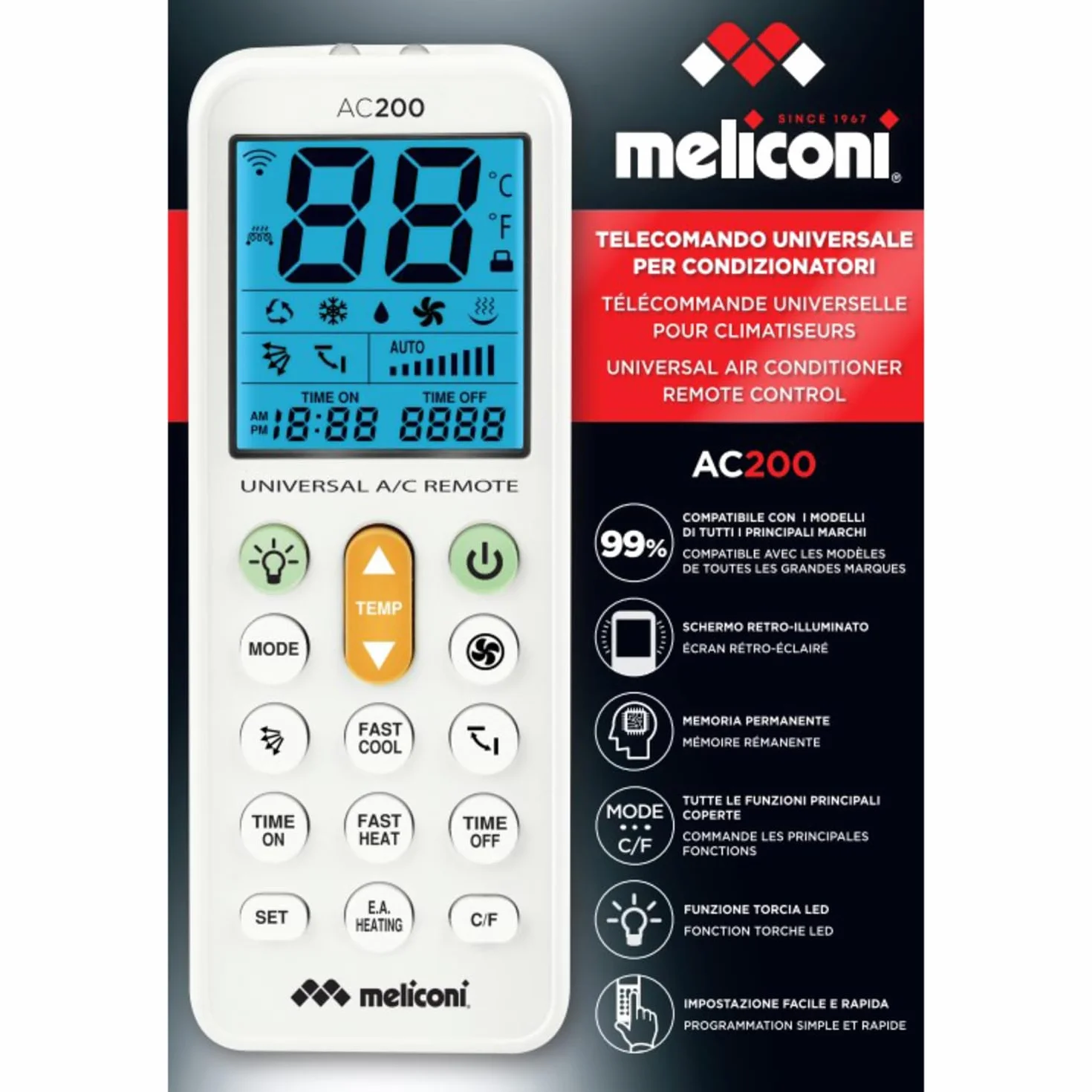 Meliconi AC 200 Telecomando Universale per Condizionatori/Climatizzatori Compatibile con la Maggior Parte dei Marchi, con Schermo Retroilluminato e Funzione Torcia, bianco, 802102