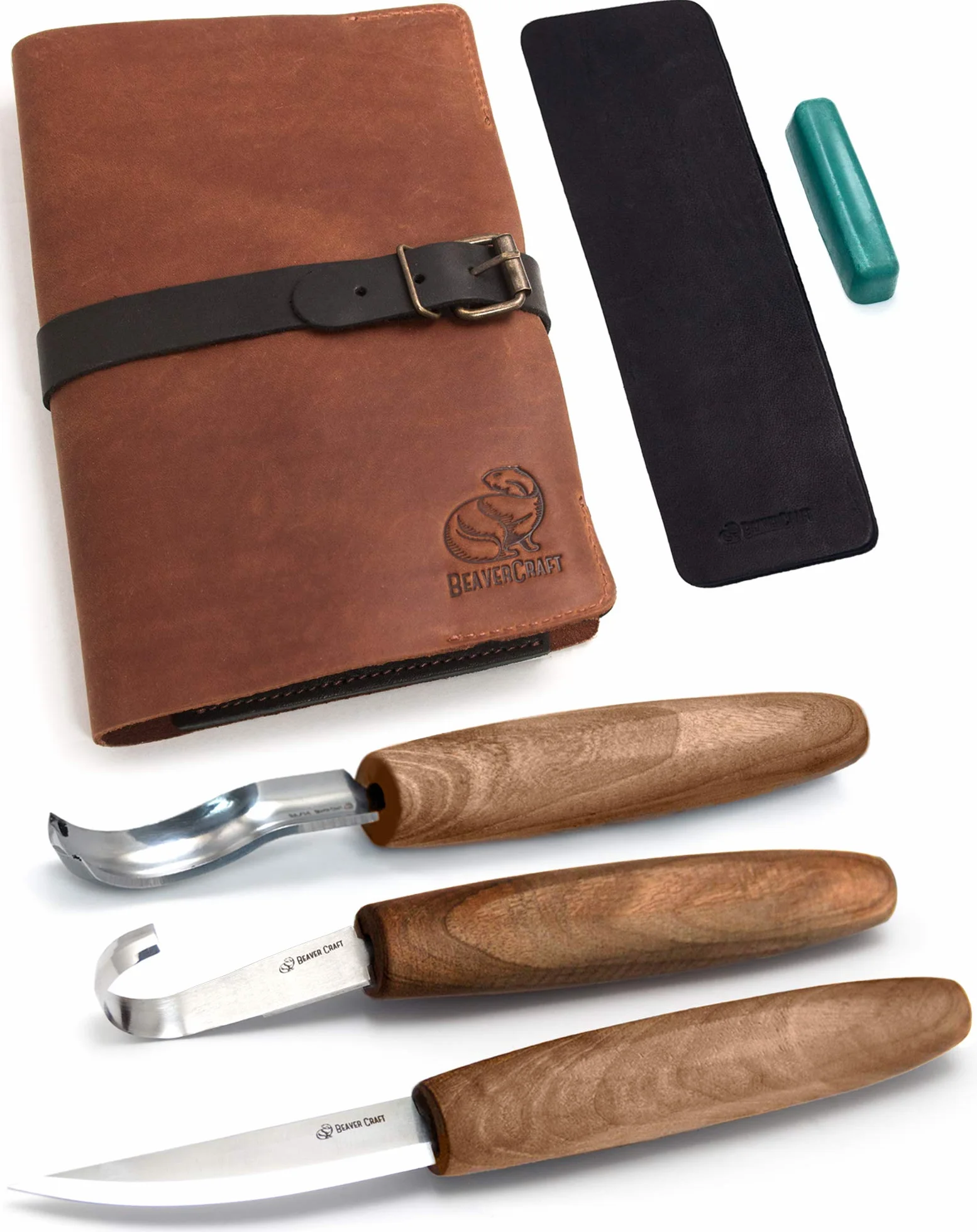 BeaverCraft Kit Deluxe Intaglio Cucchiai S14x – Set Whittling per Legno con Coltello Sloyd, Coltello a Uncino, Sgorbia, Custodia Rotolabile in Pelle e Cinturino con Pasta Lucidante
