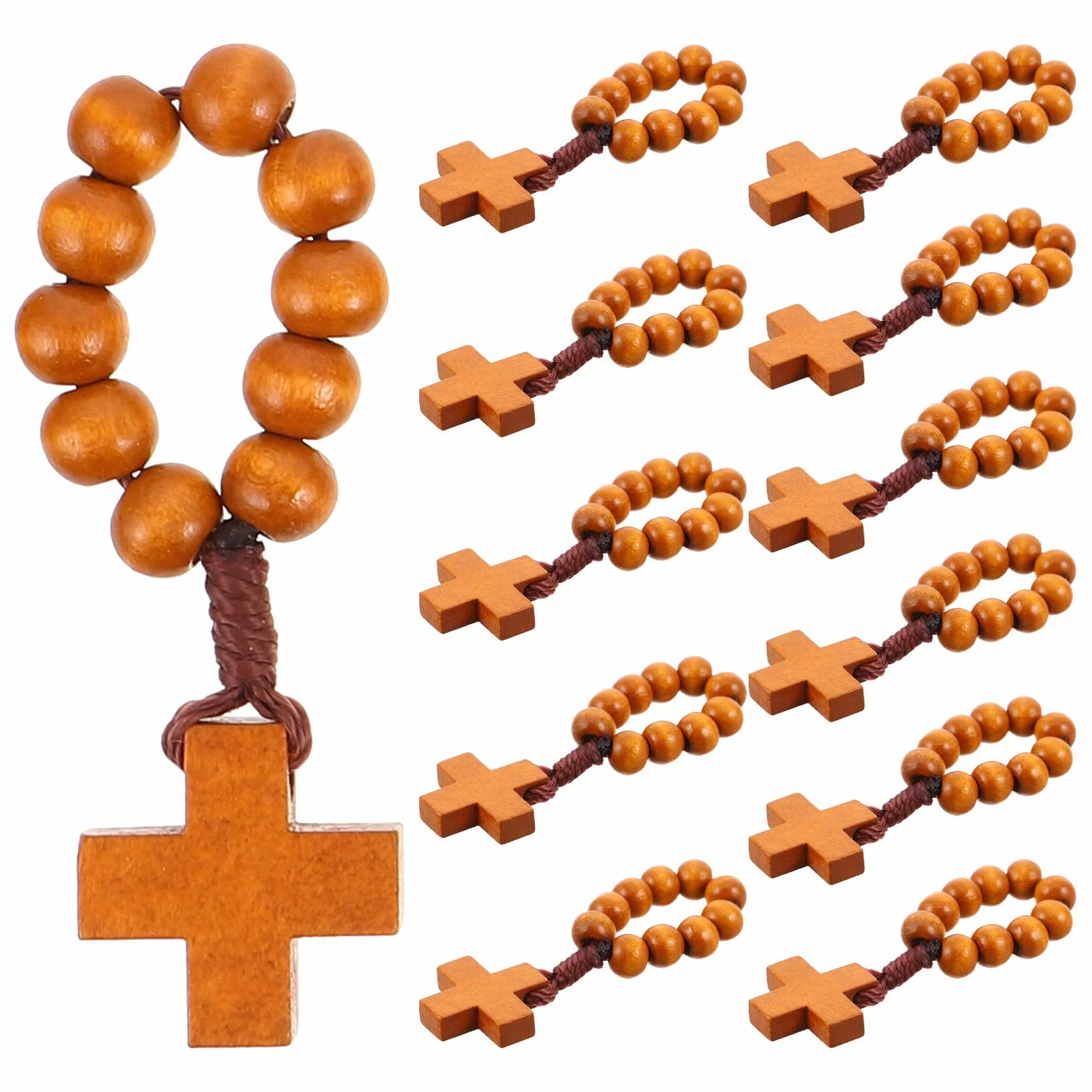 12 pezzi Rosario tascabile con croce di Gesù - Gioielli cattolici - Grani di preghiera in legno - Rosario da dito a una decina per uomo, ideale come bomboniera per battesimo o Pasqua.