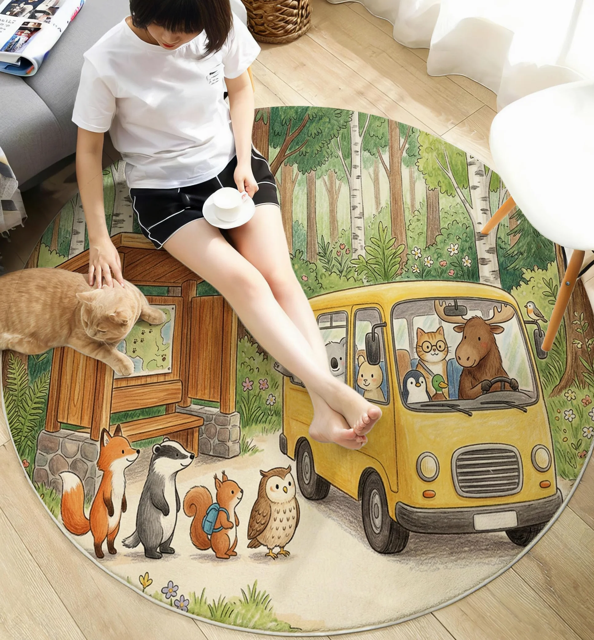 Tappeto Rotondo Bambini In Stile Fiaba Della Foresta Tappeto a Pelo Corto Fox Bus Antiscivolo, Lavabile In Lavatrice per Salotto, Cameretta dei Bambini, Dimensione: 140cm, Verde
