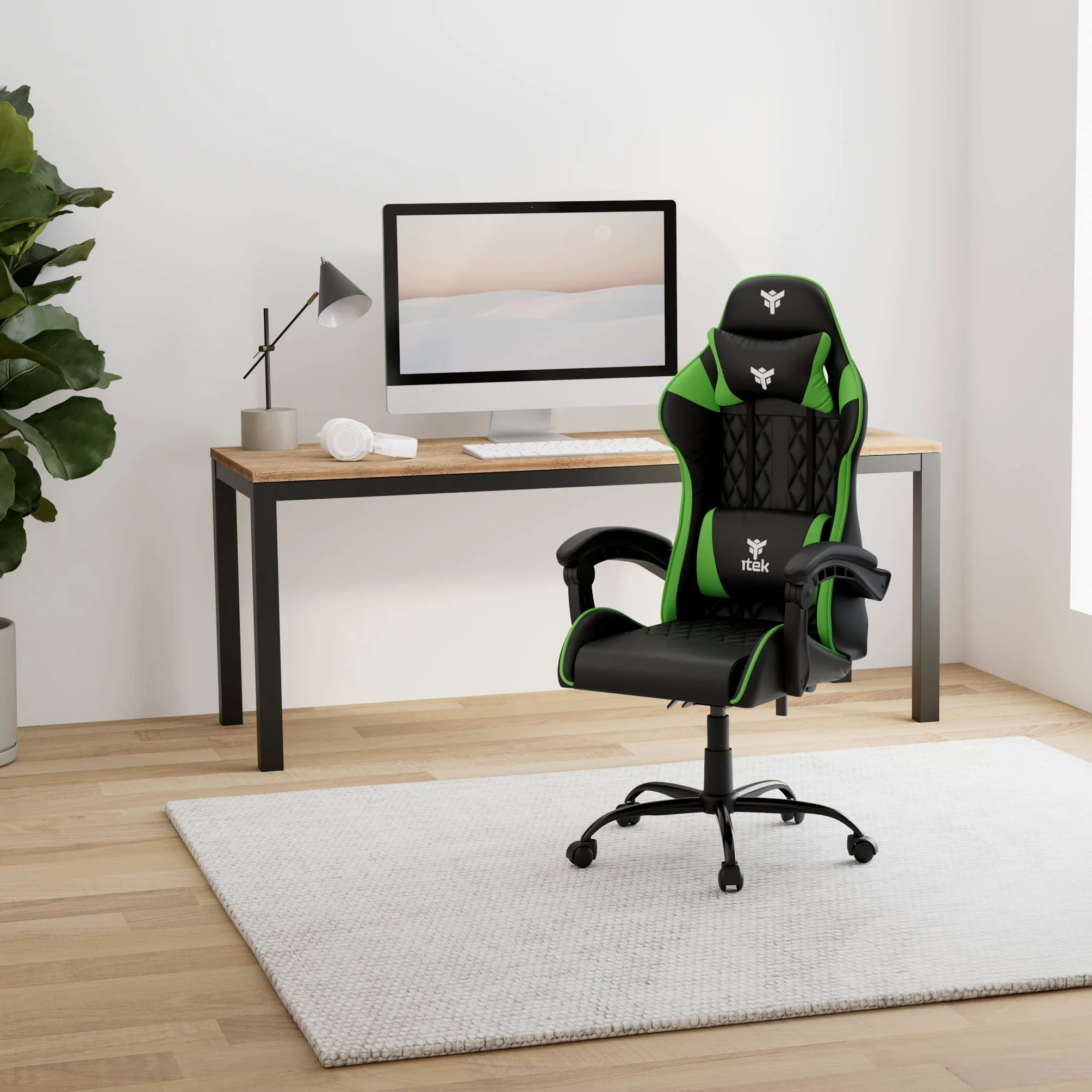 ITEK RHOMBUS PF10 Sedia Gaming ergon. Verde, schienale reclinabile, cuscino poggiatesta, sup. lombare, confort e design, ideale come sedia ufficio, sedia per studio o poltrona per gamer