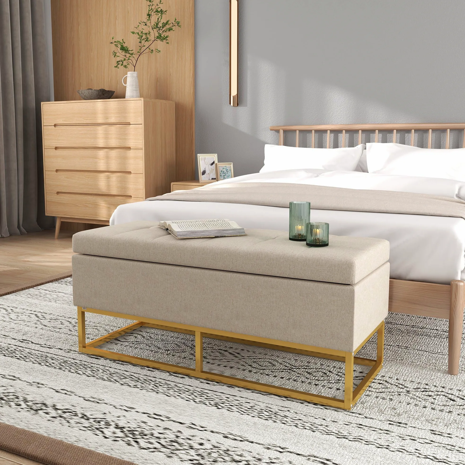 HOMCOM Panca Contenitore Rettangolare con Seduta Imbottita e Gambe in Acciaio, Pouf Poggiapiedi in Tessuto Effetto Lino per Camera da Letto e Soggiorno, 110x44x49 cm, Beige
