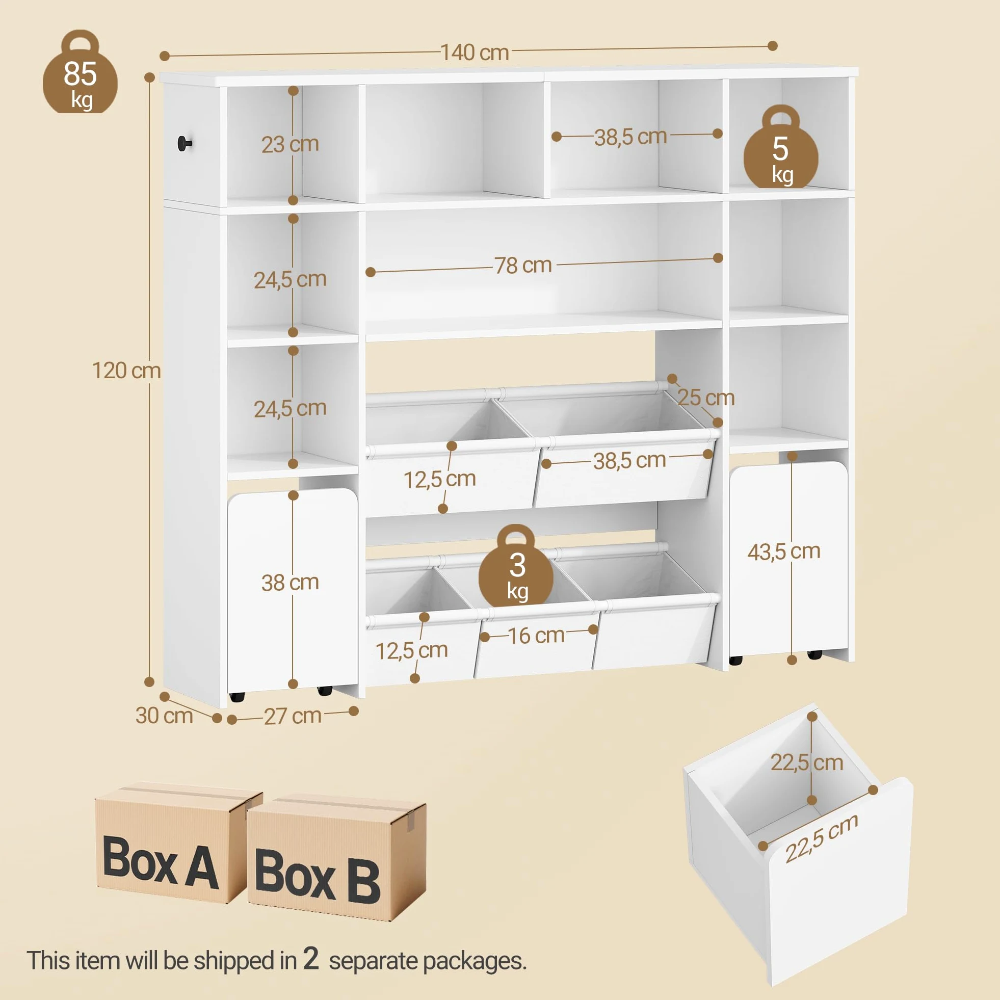 Hzuaneri Libreria per bambini con 2 cassetti contenitori su ruote, scaffale a 4 ripiani, ripiano per giocattoli, armadietto, adatto per cameretta, soggiorno, studio, 30 x 140 x 120 cm, bianco KB75203W