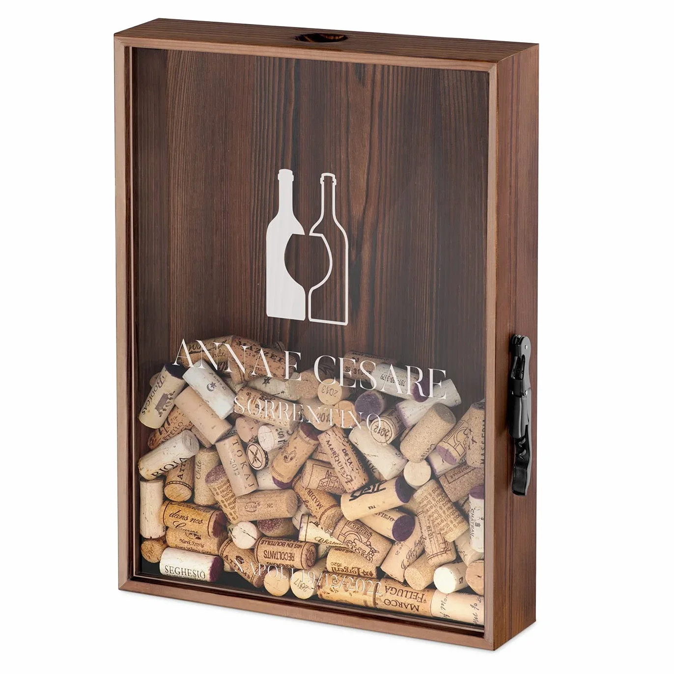 Maverton Raccogli tappi di sughero o birra - con stampa personalizzata - in legno - cavatappi per vino e birra con un coltellino - scatola porta tappi - idee regalo - regalo di Natale - infinito