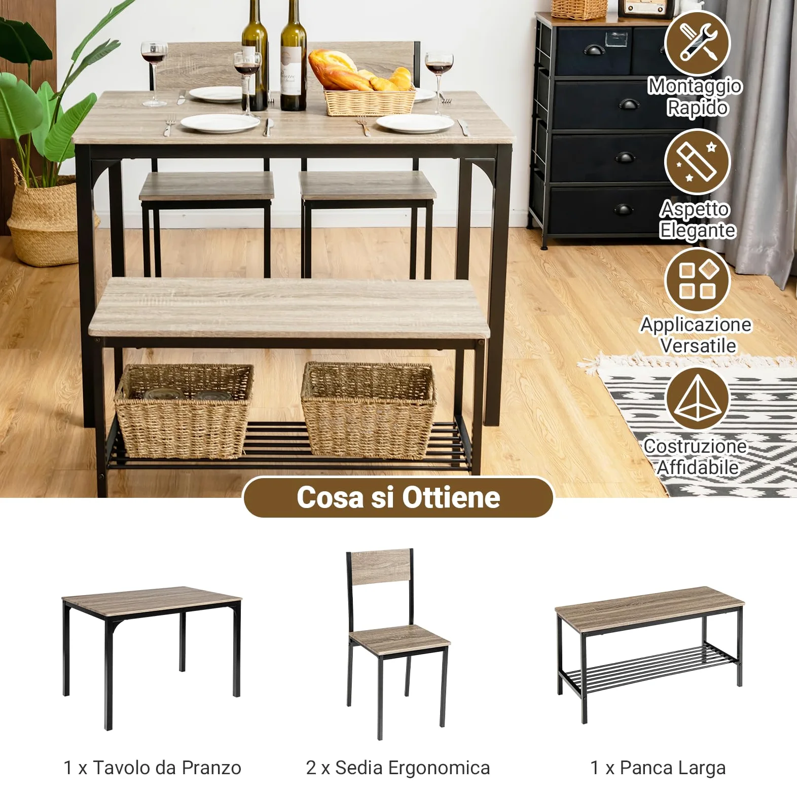 COSTWAY Set Tavolo e Sedie da Cucina 4 Pezzi, Tavolo da Pranzo con 2 Sedie e 1 Panca, Set Mobili da Cucina Salvaspazio con 4 Posti, per Sala da Pranzo e Soggiorno (Rovere grigio)