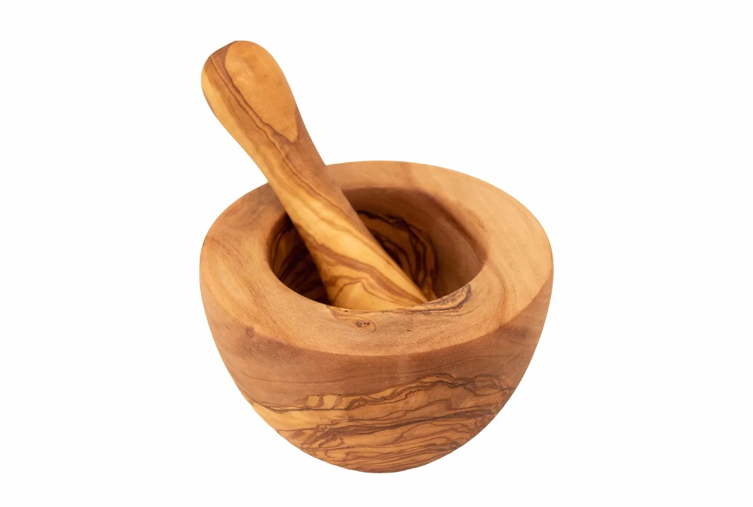 Benera - Set di mortaio e pestello in legno d'ulivo, circa 12 cm di diametro
