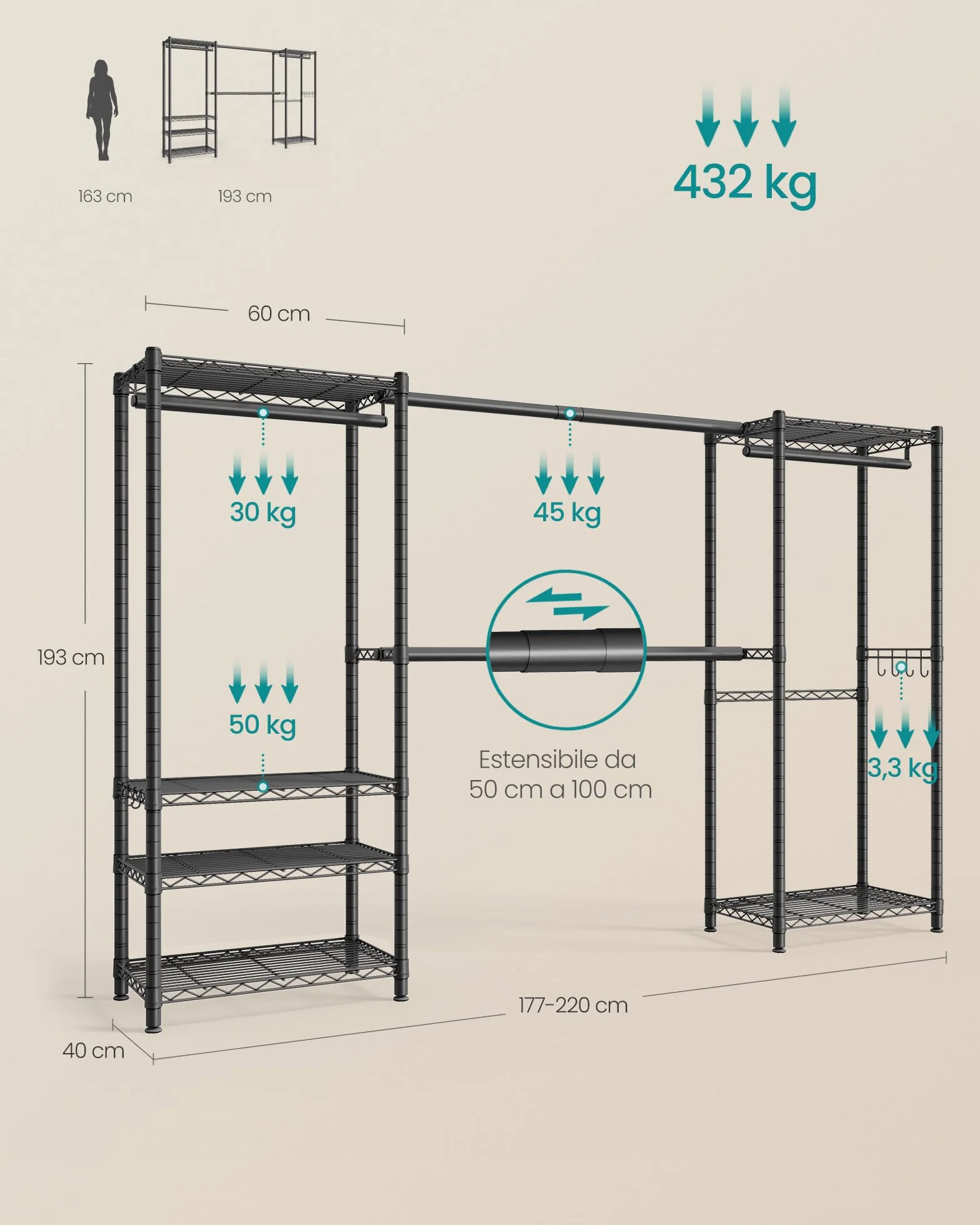 SONGMICS Appendiabiti per Carichi Pesanti, Armadio Portatile con Ripiani in Rete Regolabili e Barre Appendiabiti Estensibili, Ganci, 40 x (177-220) x 193 cm, Nero Inchiostro LGR438BH01