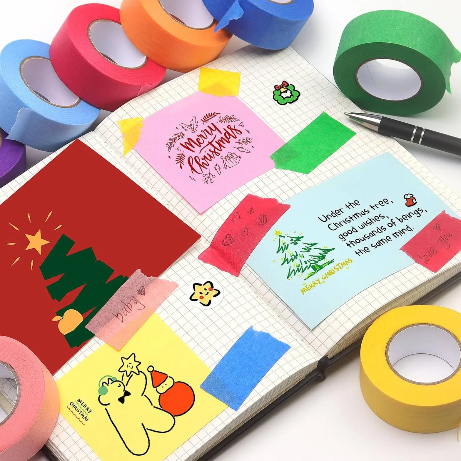 OMBRISA Nastro Adesivo Colorato 8 Rotoli, Arcobaleno Etichett Carta Washi Tape 15 mm x 13 m, Painting Tape, Nastro Decorativo per Bambini, Arte, DIY, Materiale Didattico