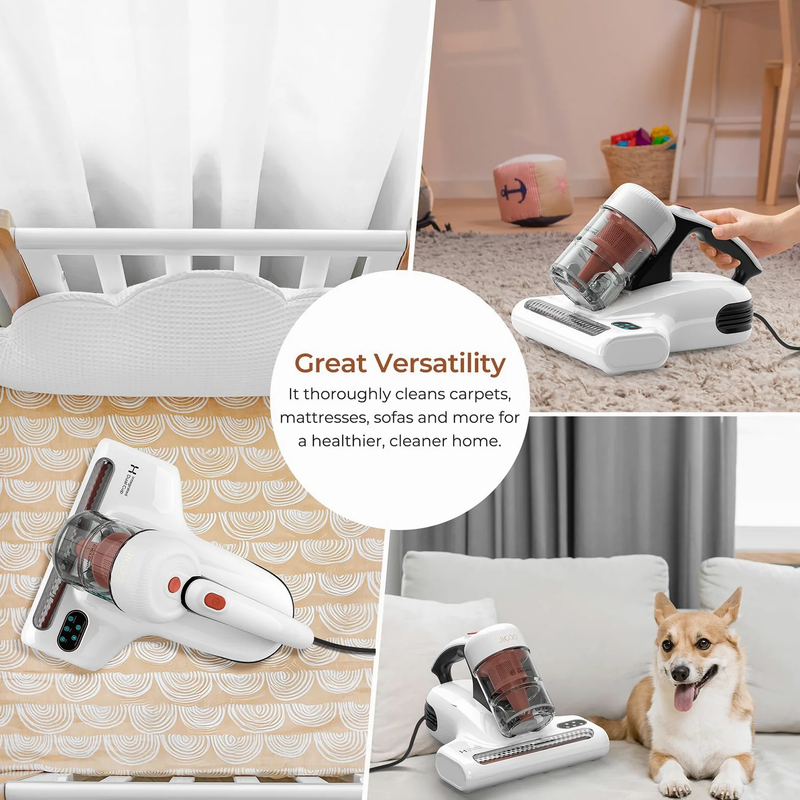 JIGOO J200 Aspiratore portatile antiacaro battimaterasso con Luce UV-C,Aspirapolvere materassi da 500W con riscaldamento a 55 ℃,antibatterico,rimuove allergeni e polvere,Sensore intelligente di sporco