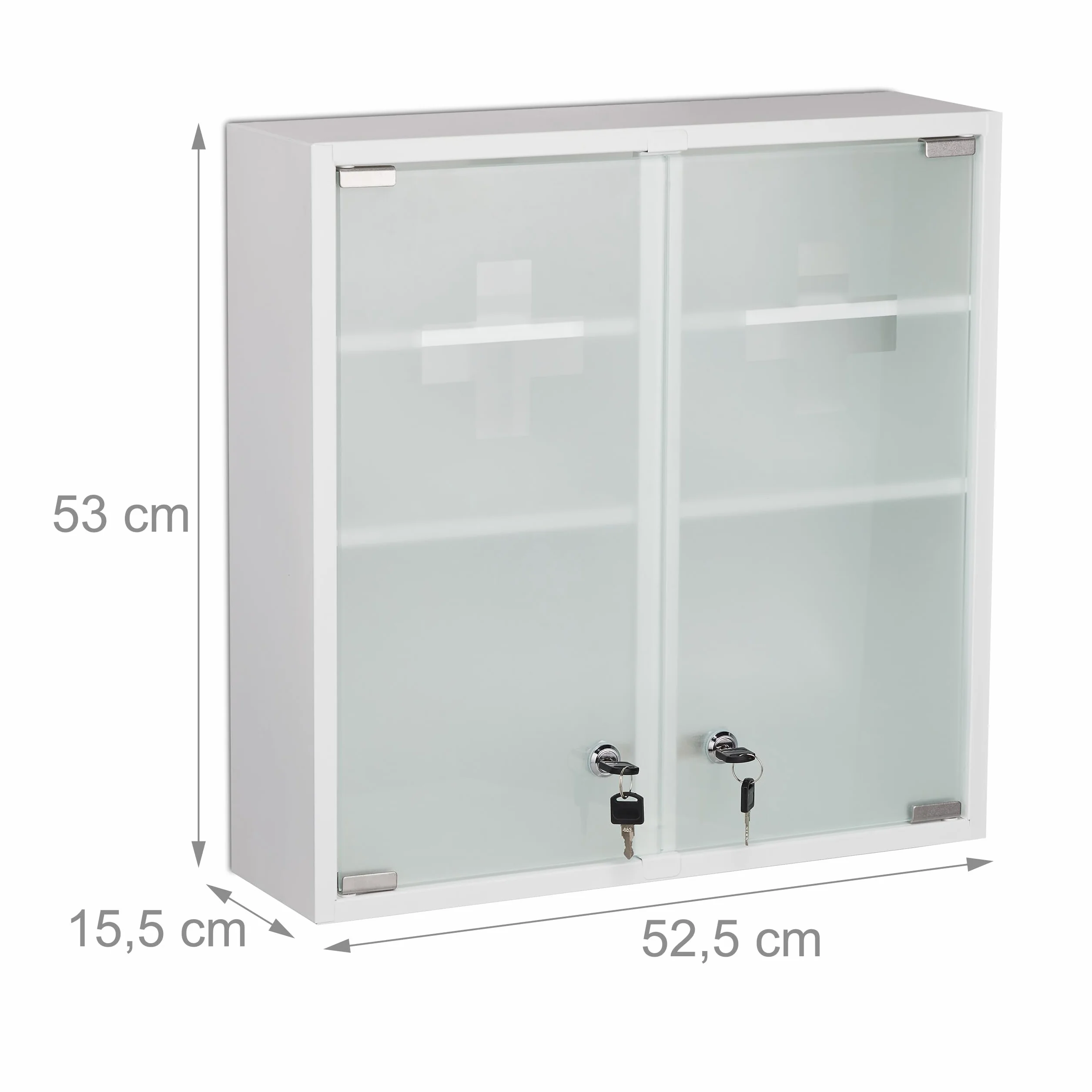 Relaxdays Armadietto Pronto Soccorso per Medicinali, Cassetta Medicine Chiusa a Chiave, 2 Ante, 53x52,5x15,5 cm, Bianco