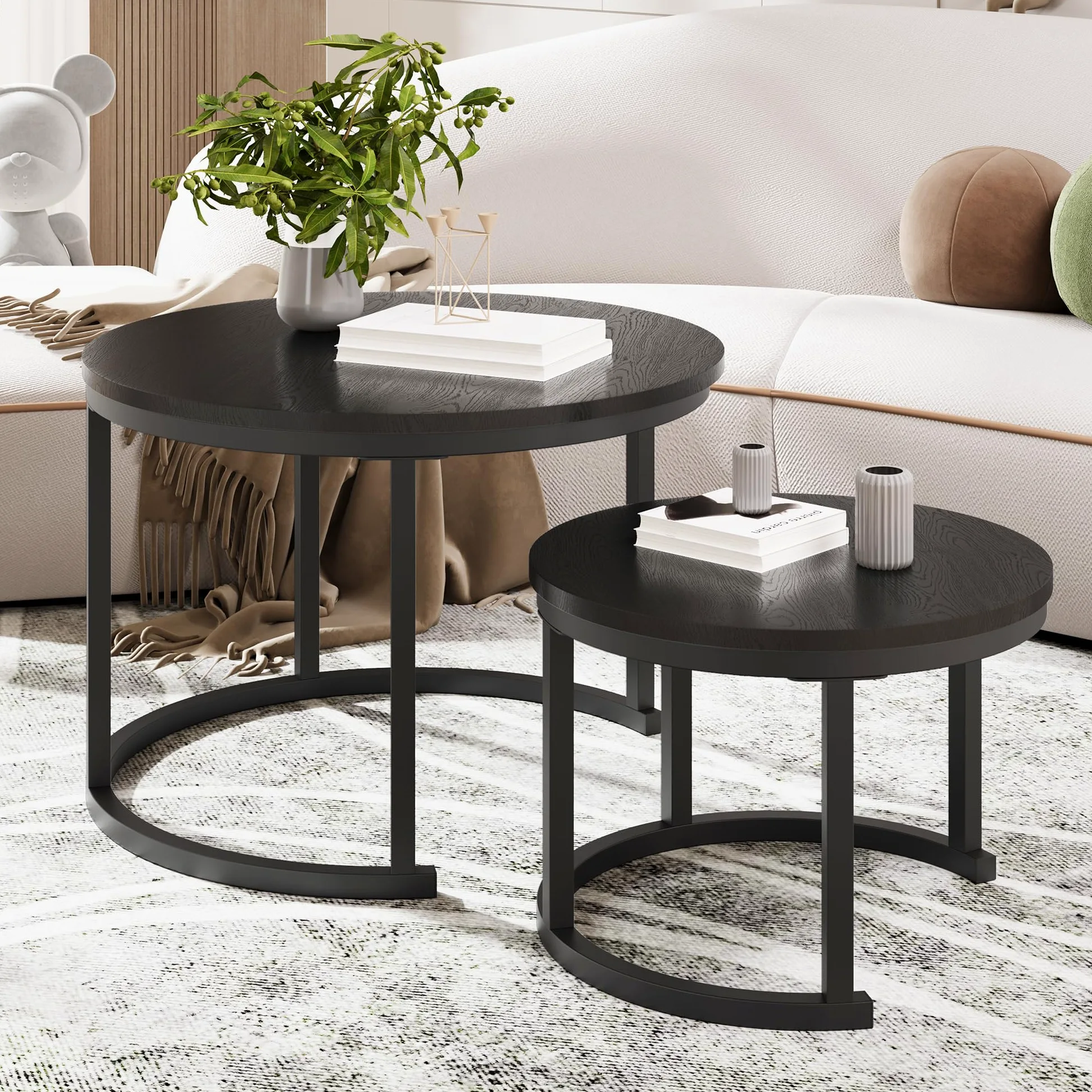 HOMERECOMMEND Tavolino rotondo, set da 2 pezzi, tavolino da salotto in legno, moderno, con struttura in metallo, per soggiorno, balcone, nero
