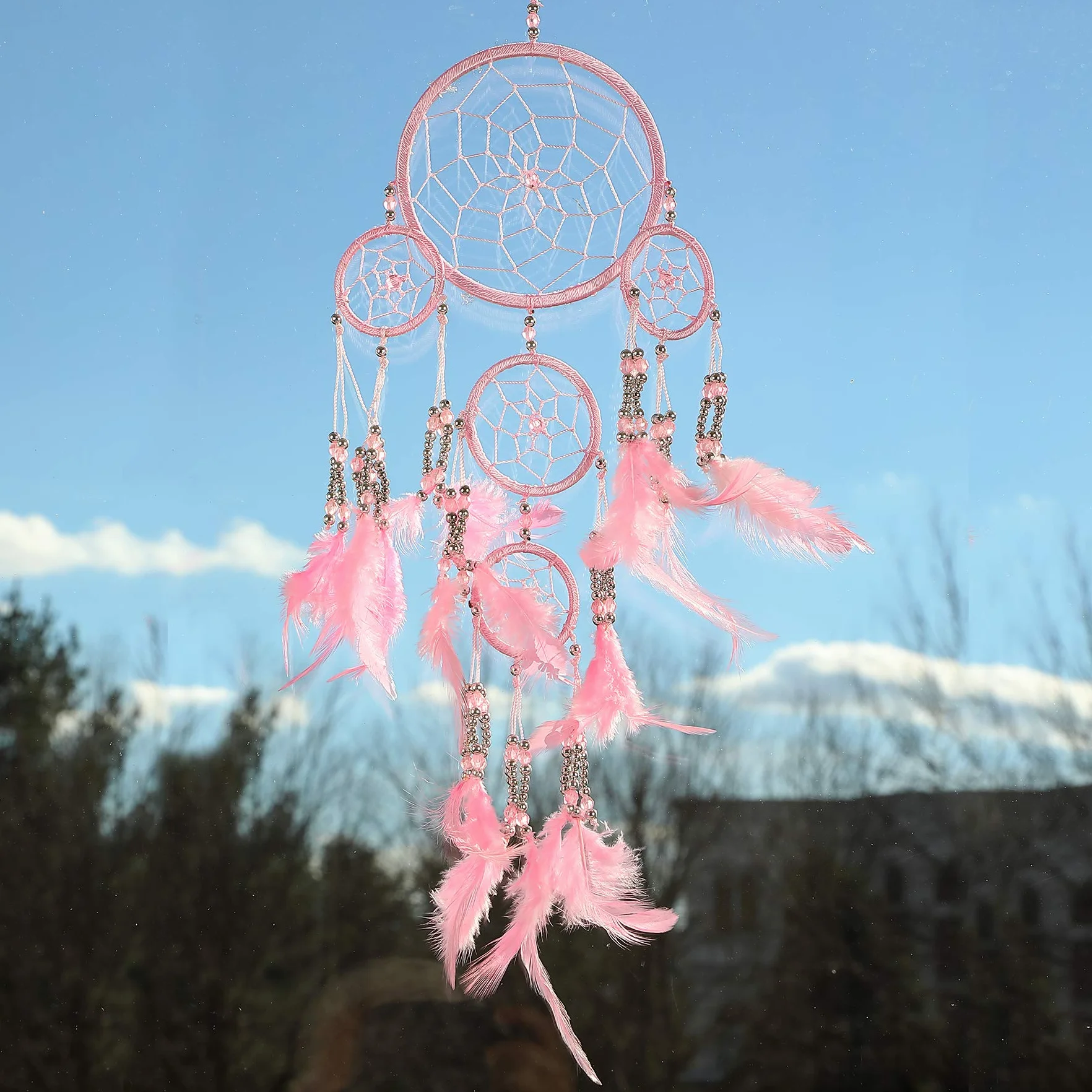 Dream Catcher Bohemien Fatto a Mano Acchiappasogni Etico con Piume Rosa e Perline 12 cm x 35 cm