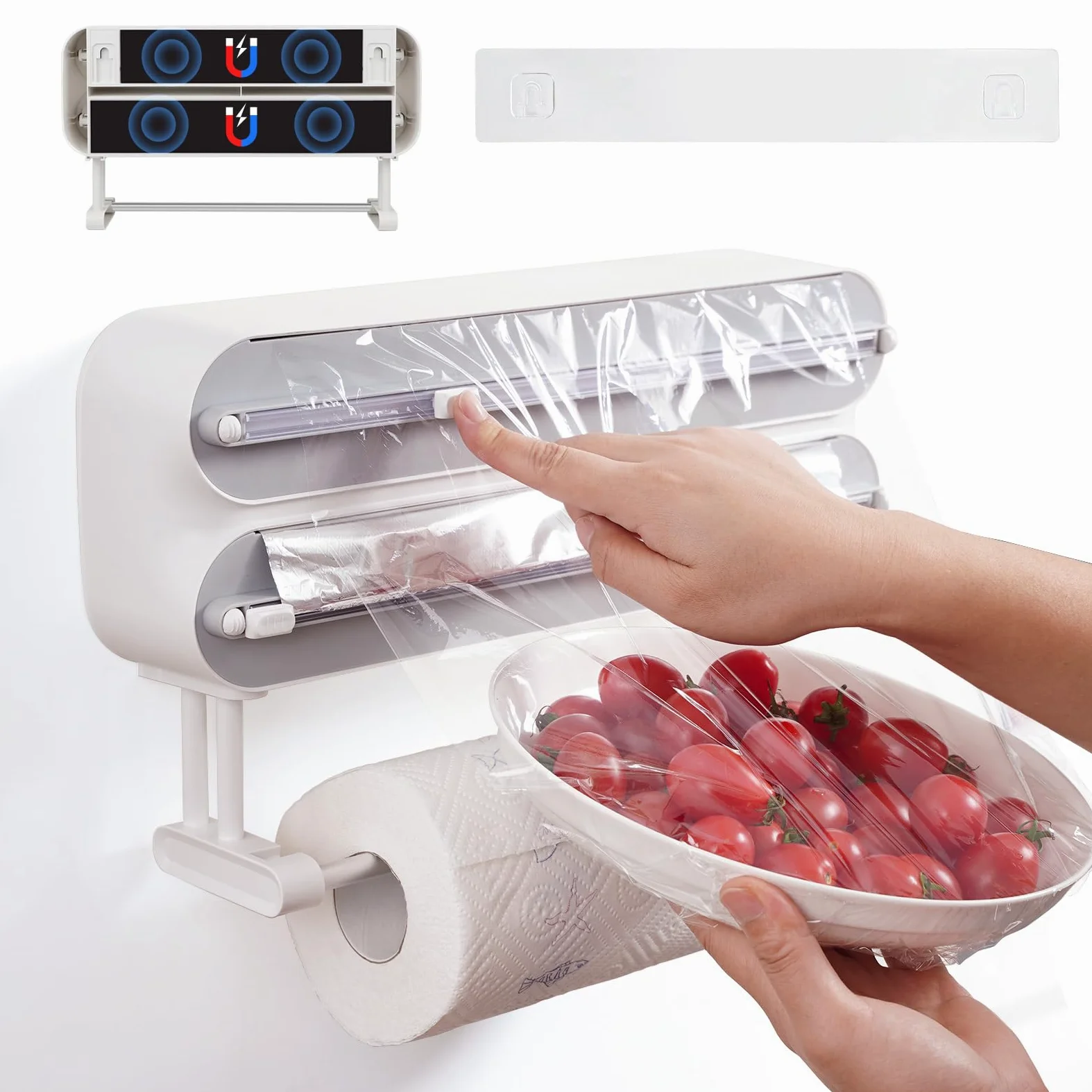 DBREAKS Supporto per rotoli di carta da cucina da Parete (3 rotoli), Porta Rotoli Alluminio e Pellicola, Taglierina per Pellicola Trasparente, Dispenser Carta Stagnola in Alluminio，con film Alimentare