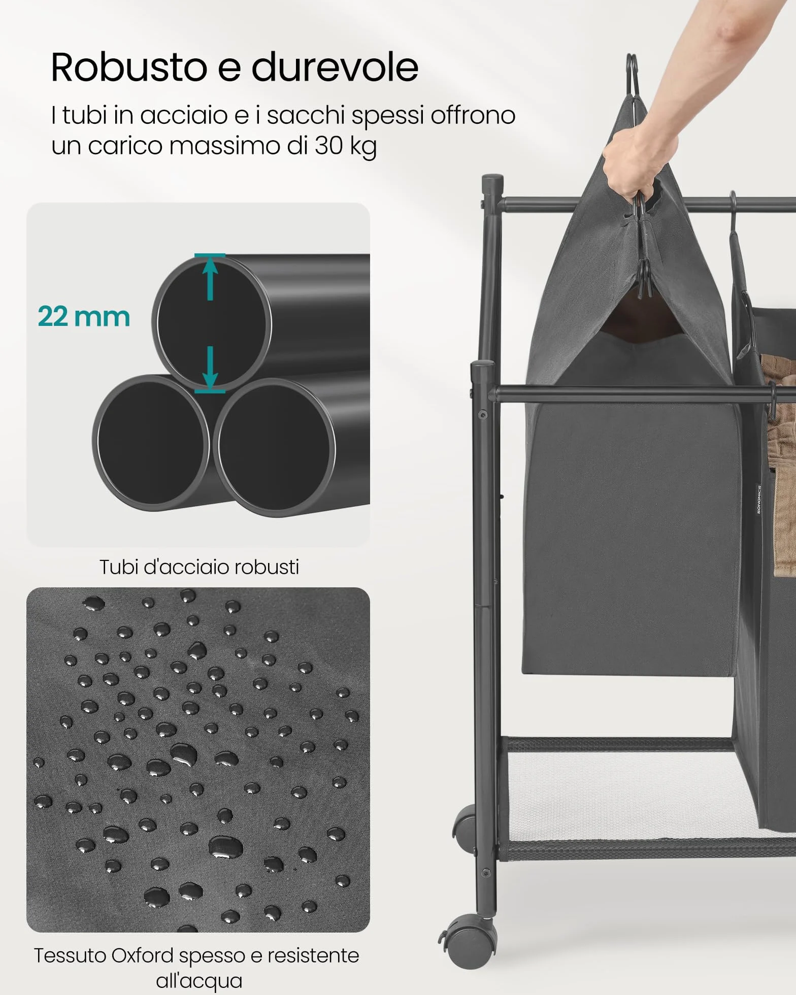 SONGMICS Carrello Portabiancheria, Cesto Porta Biancheria con 3 Sacchi Rimovibili, Carrello per Lavanderia, Camera da Letto, Bagno, 3 x 45 L, Grigio Ardesia RLS102G01
