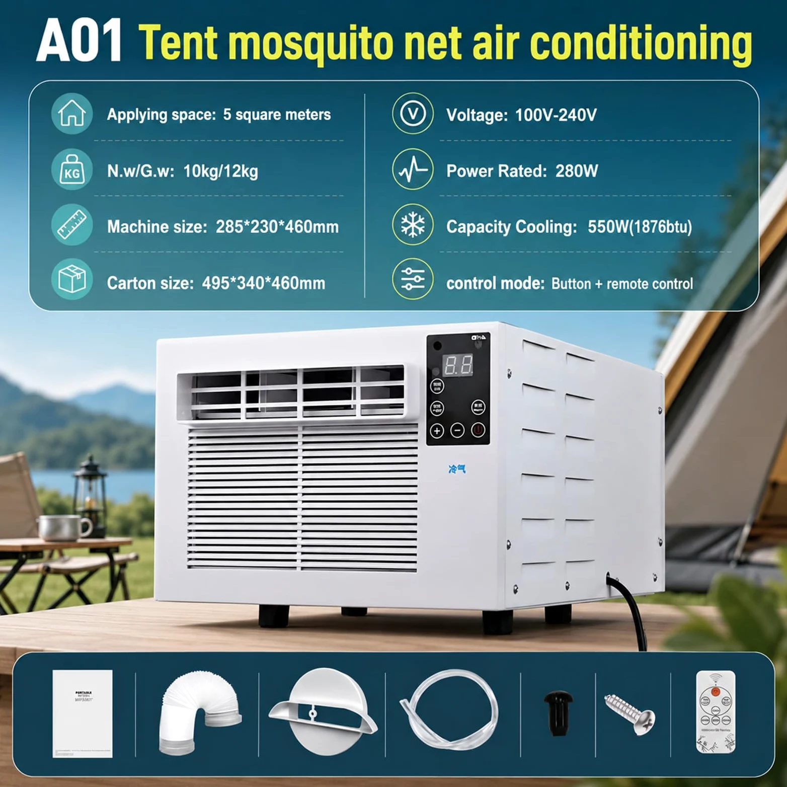 Condizionatore Portatile con Guarnizione Universale Finestre | Raffreddamento 550w E Deumidificazione, Telecomando Incluso, Adatto per Camere E Uffici, Senza Installazione Fissa