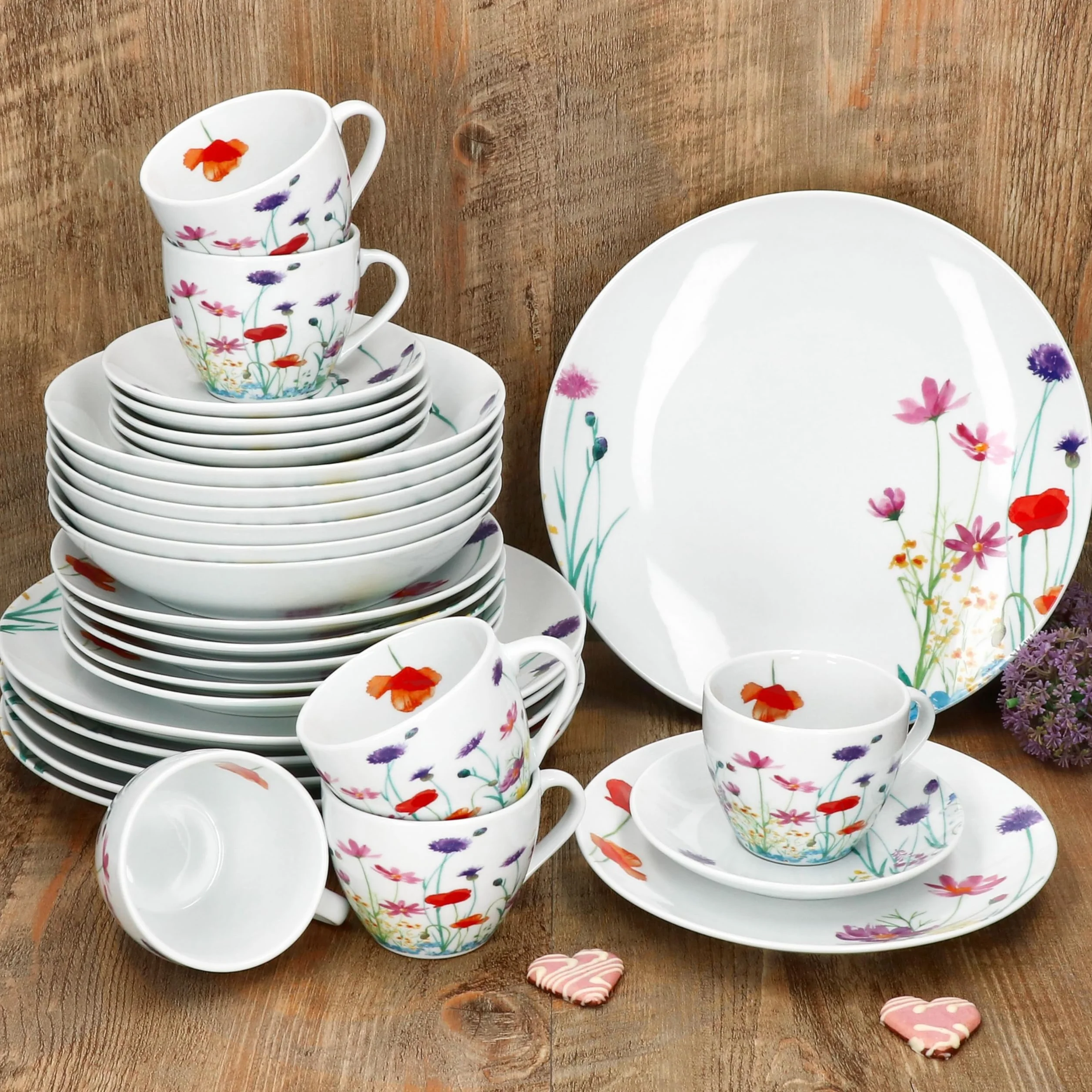 MamboCat Marie Servizio combinato da 30 pezzi, in porcellana con decorazione prato floreale, per 6 persone, 6 tazze, piattini, piatti da torta, piatti fondi e piatti piani