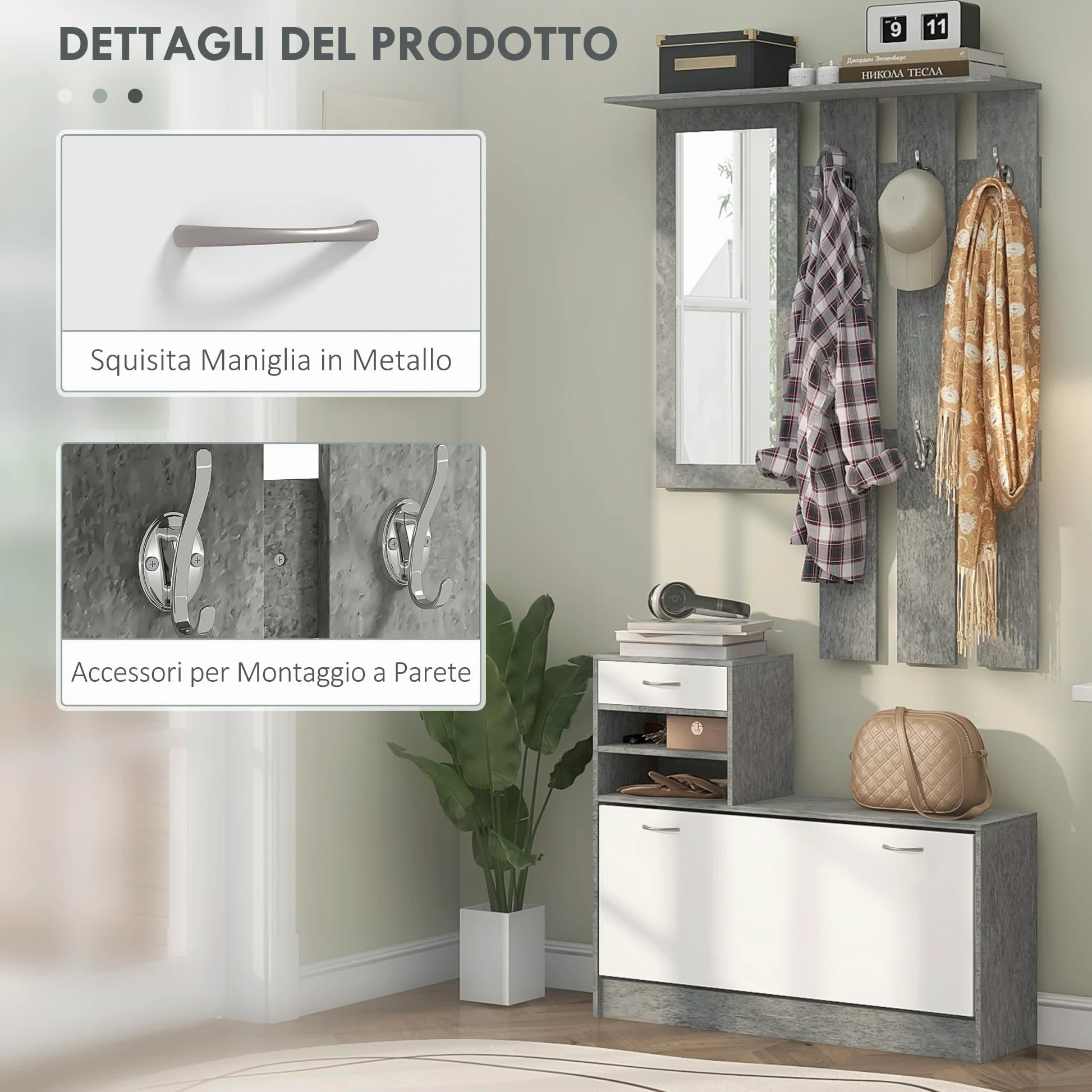 HOMCOM Set Mobili Ingresso Moderno con Scarpiera e Specchio, Appendiabiti da Ingresso con 6 Ganci, 2 Ripiani Regolabili e Cassetti in Legno per Corridoio, Bianco e Grigio Chiaro