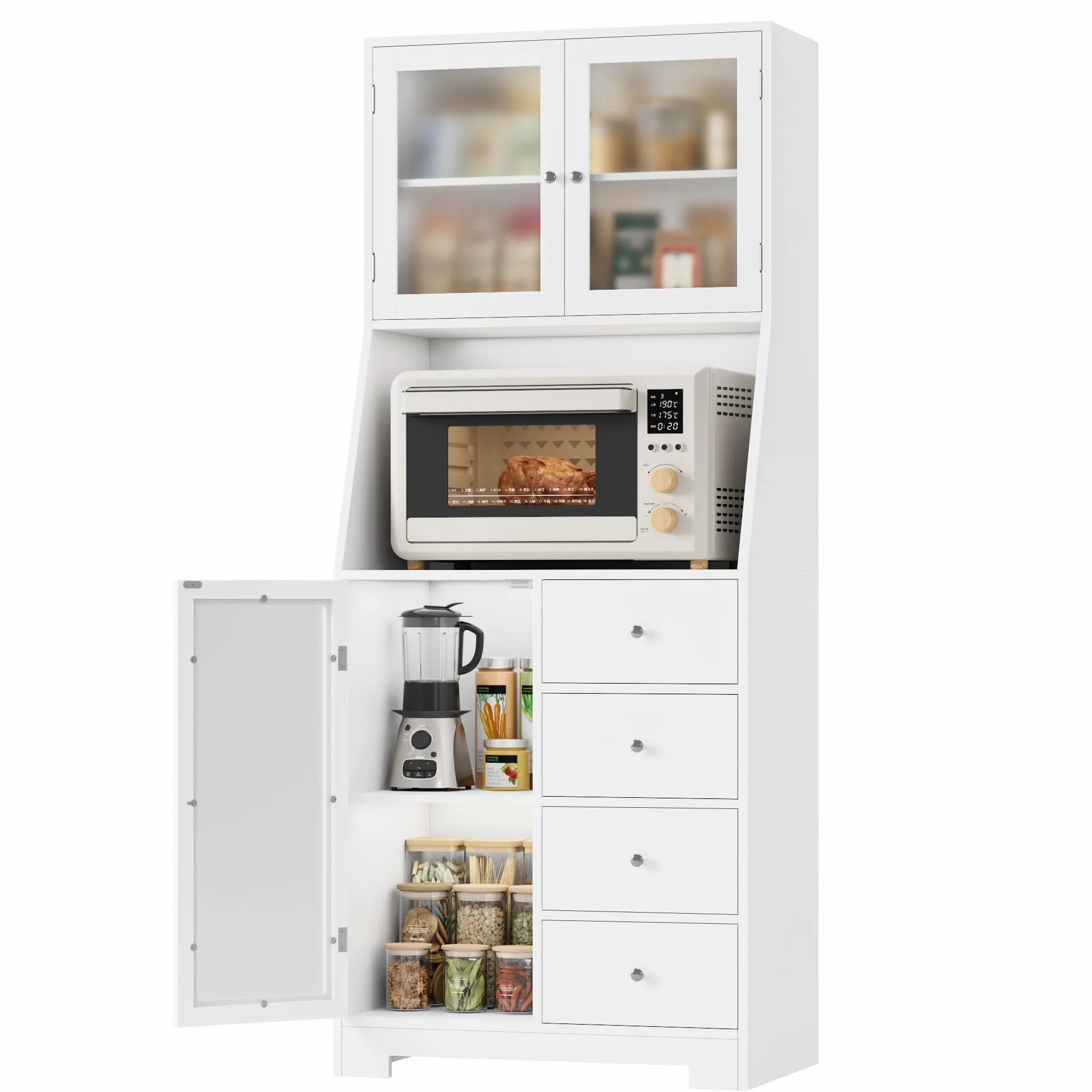 HOCSOK 163cm Credenza Cucina Alta, Dispensa Cucina Mobile Alto con 4 cassetti, Mobile Multiuso con Scaffale per Microonde Per Soggiorno, Sala da Pranzo, Bar, Bianco