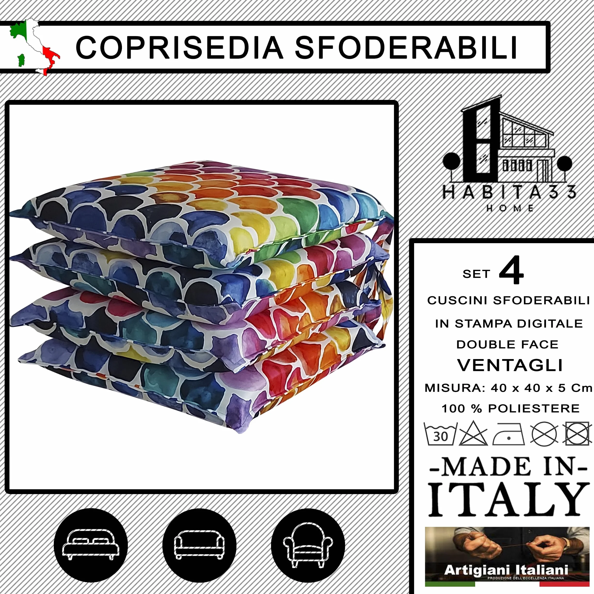 Cuscini Sedie Cucina Set da 4, 40x40 cm, Coprisedia con Laccetti, Sfoderabili, Made in Italy