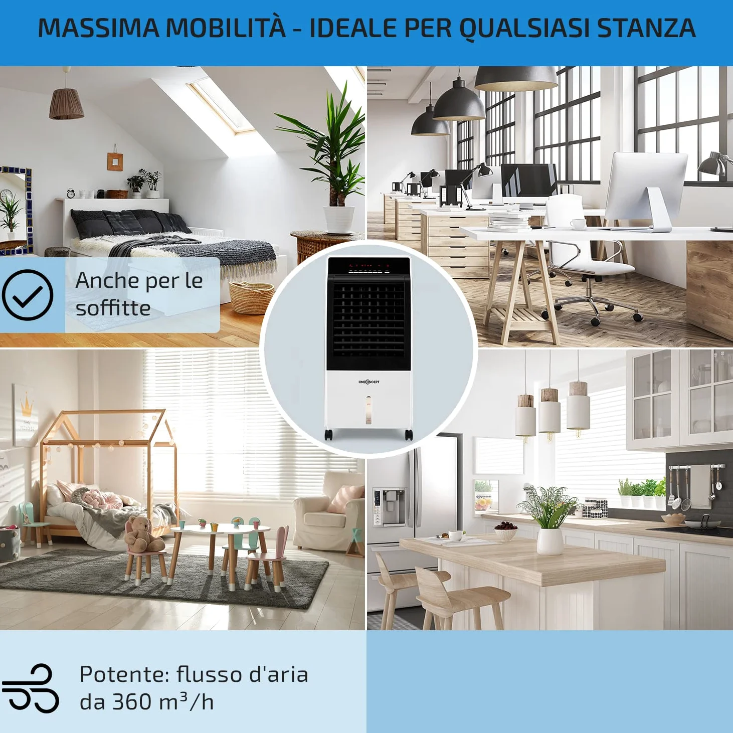 OneConcept Condizionatore Portatile Senza Tubo 65W 4 in 1, Umidificatore, Climatizzatore Portatile, Ionizzatore per Casa/Ufficio, Ventilatore Aria Fredda, Raffrescatore d’Aria 360m³/h, Serbatoio da 8L