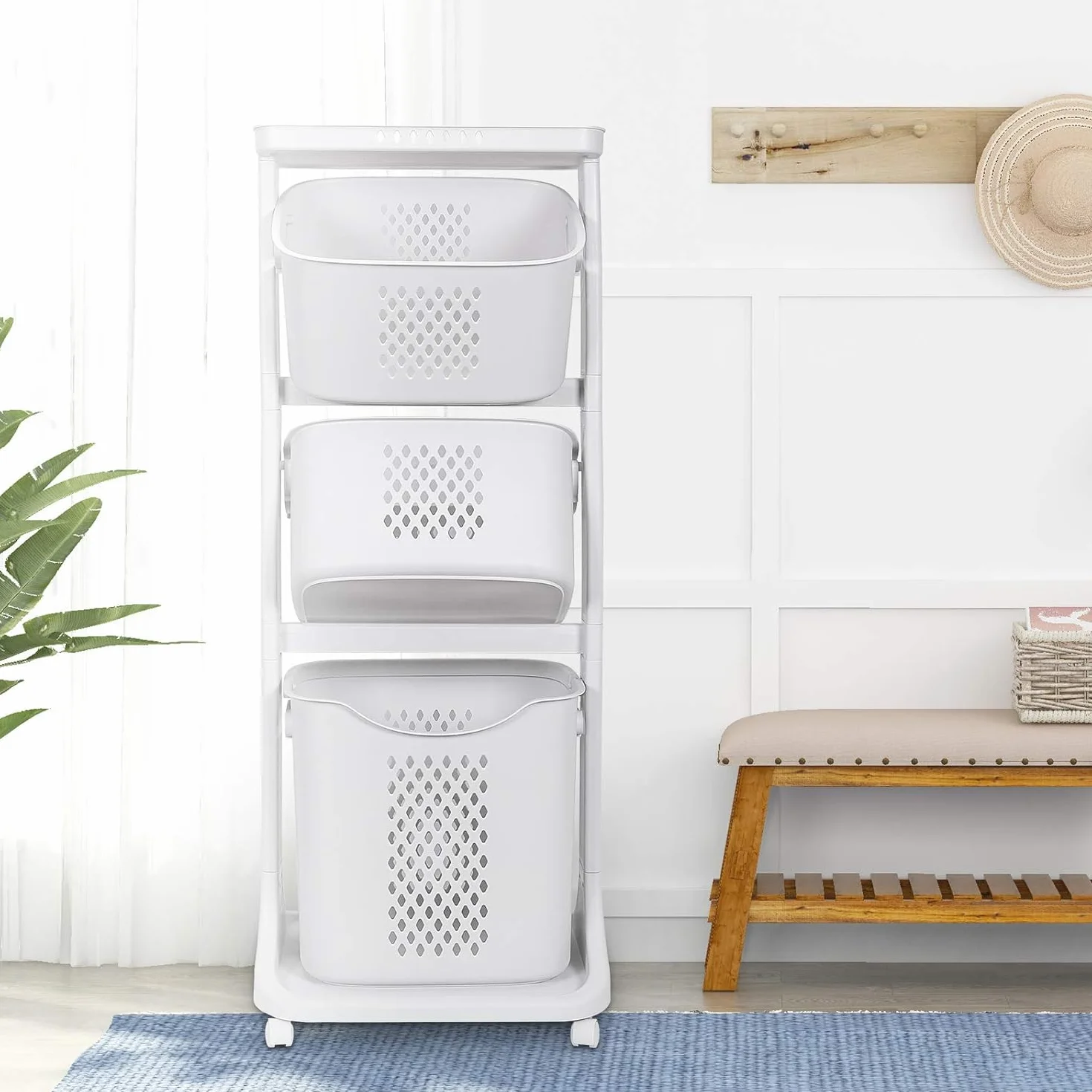 Cesto portabiancheria con 3 cesti rimovibili con ruote, 44 x 33 x 110 cm, bianco