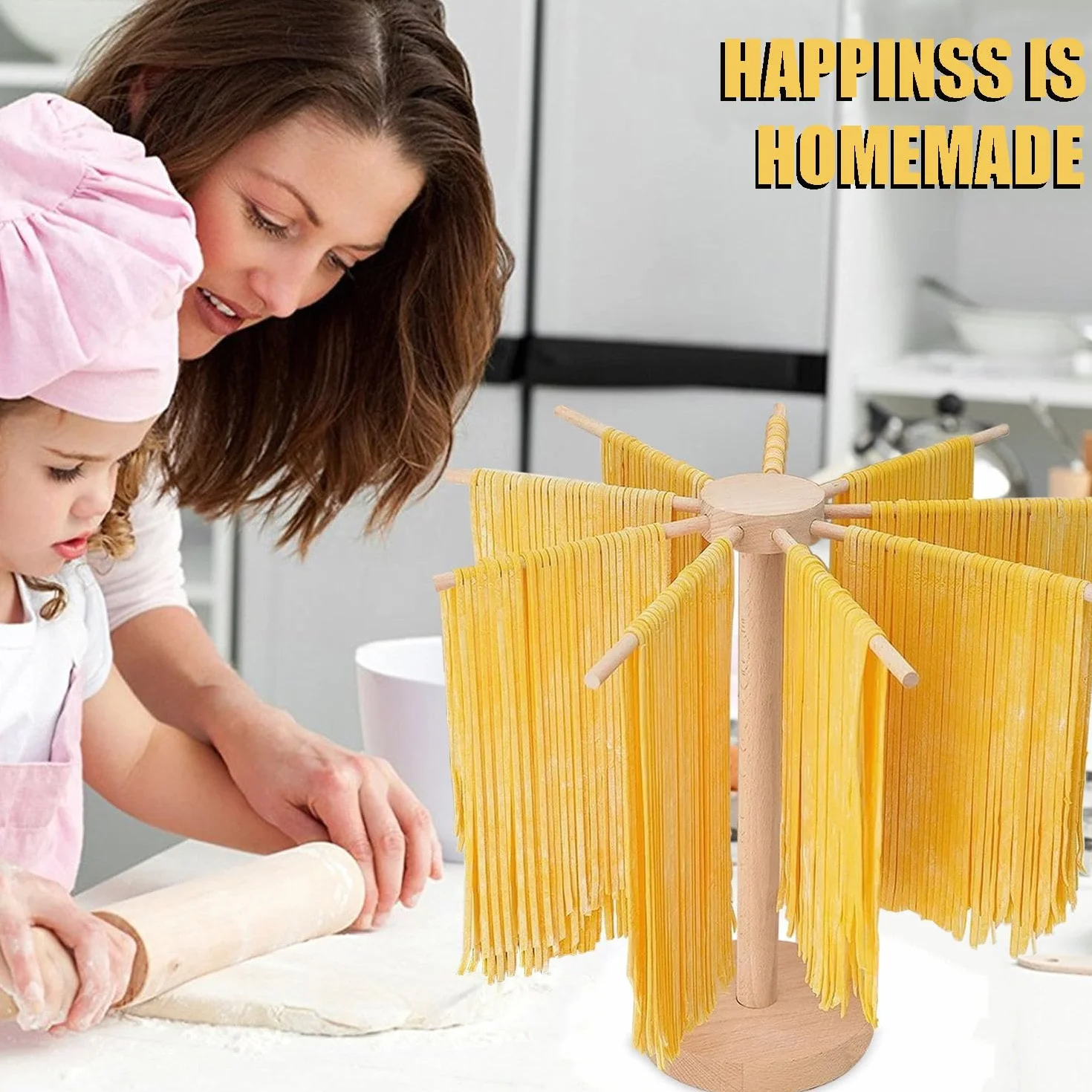 Essiccatore per Pasta, Stendino per Pasta, Essiccatoio per Pasta Grande in Legno con 9 Bracci Rimovibili,con Base, Riutilizzabili, per Spaghetti, Altezza 45 cm