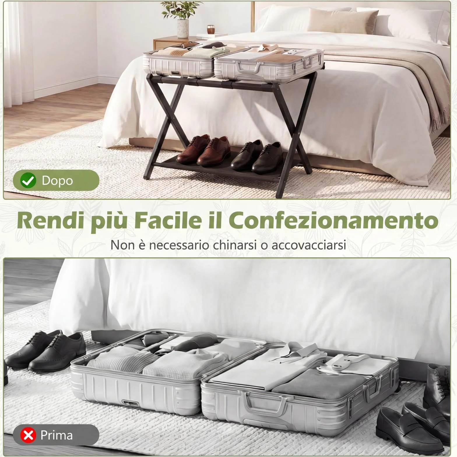 COSTWAY 2 Pz Portavaligia Pieghevole in Bamboo con Cinghie, Tessuto Oxford, Portata 65 kg, Nero