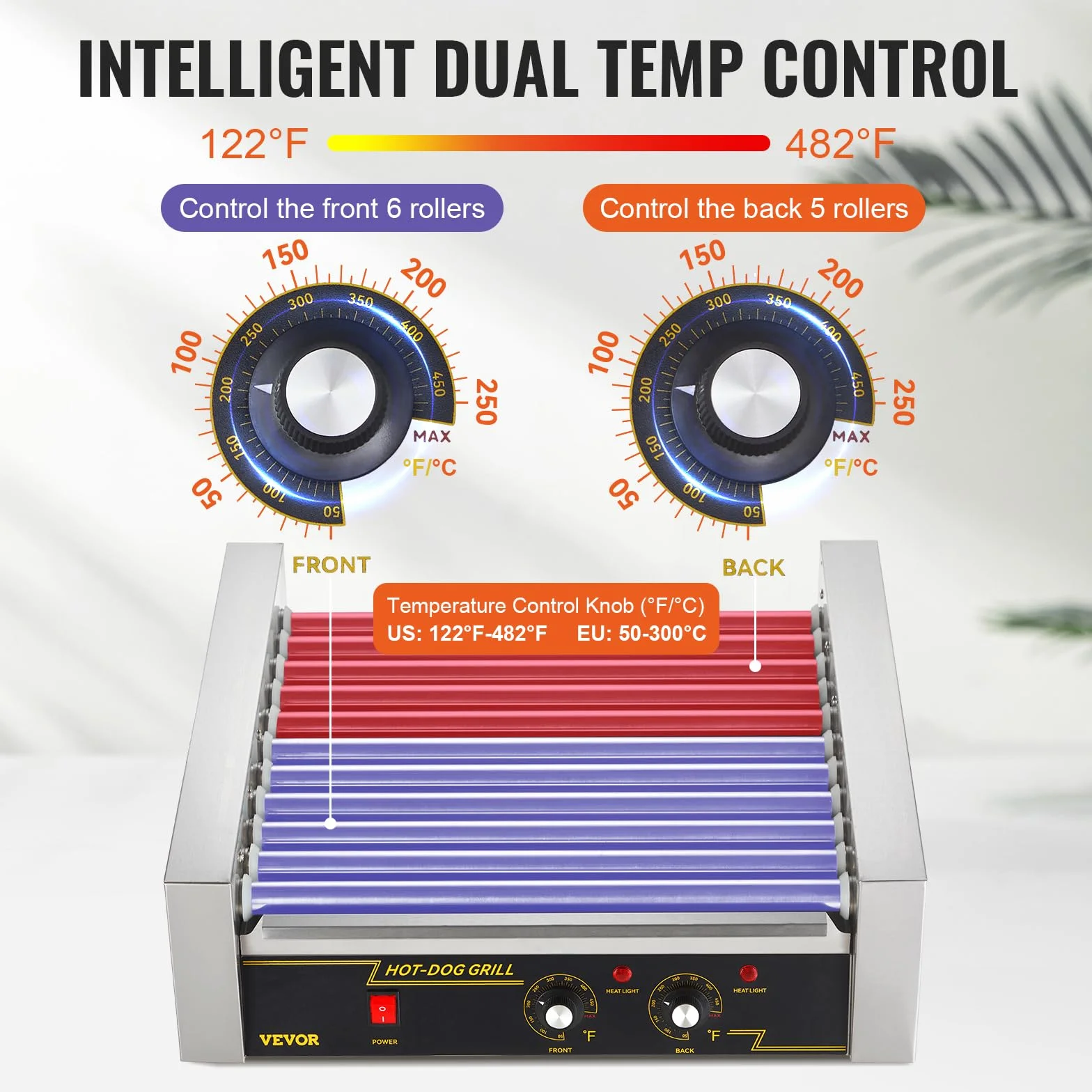 VEVOR Rullo per Hot Dog, 11 Rulli, Macchina per Grigliare Salsicce in Acciaio Inossidabile con Doppio Controllo della Temperatura, 30 Hot Dog, 2,2KW Coperchio Hot Dog Ripiano Riscaldante per Panini