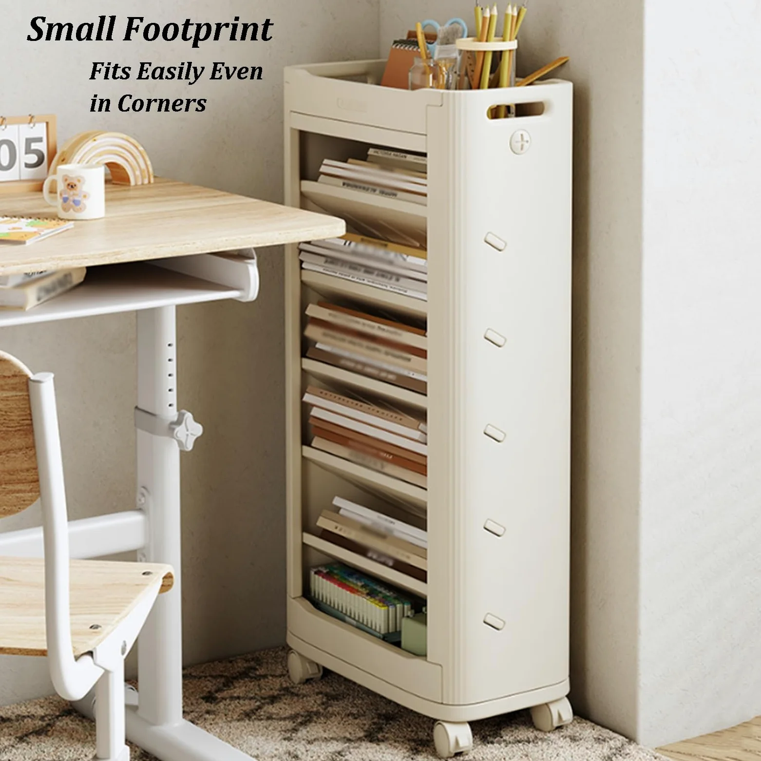 Libreria A 7 Livelli Su Ruote, Organizzatore Per Libri E Carrello Multiuso Mobile, Design Con Ripiani Inclinati, Organizzatore Stretto Per Aula, Ufficio, Studio E Casa(B)