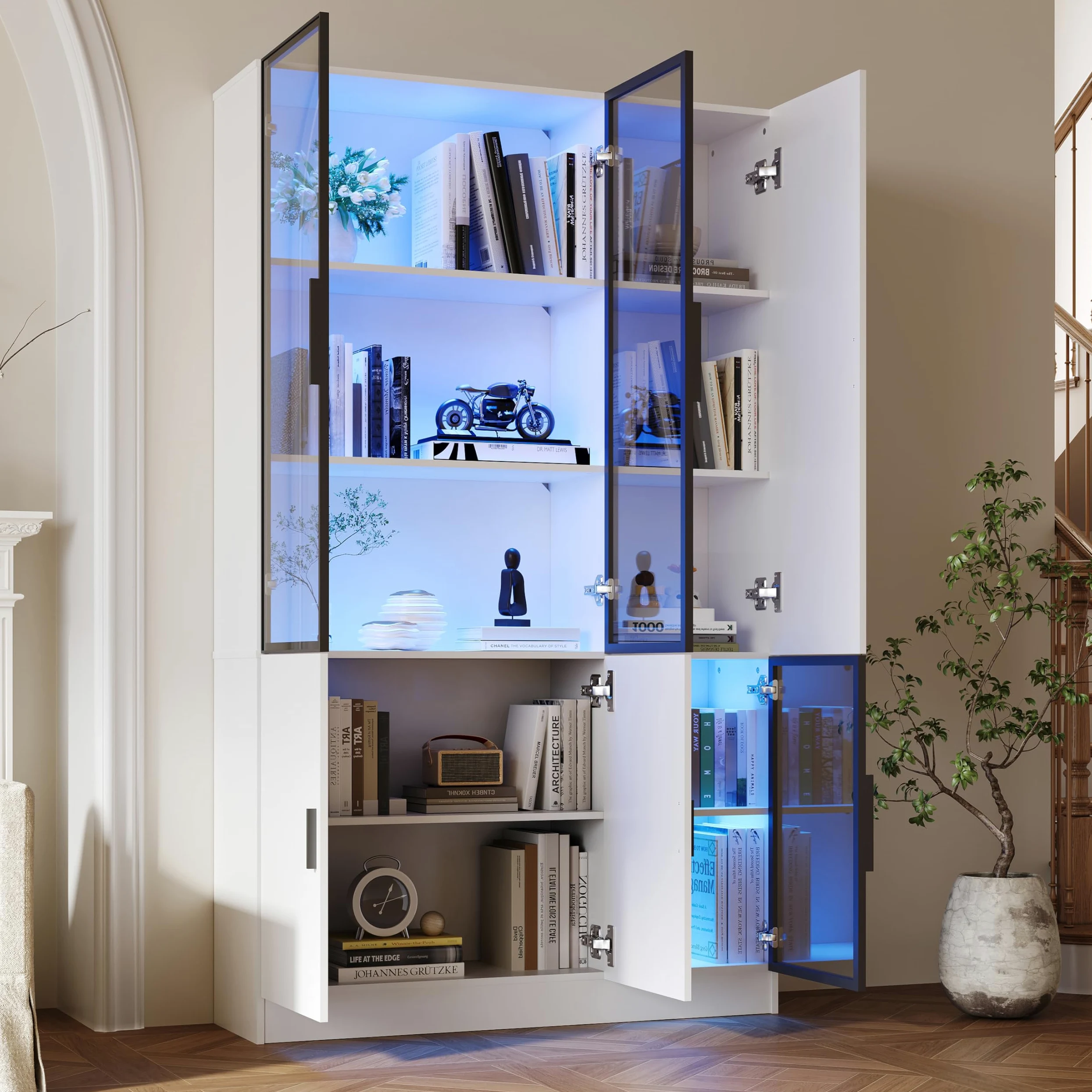 Vetrina moderna in vetro con LED, armadio alto bianco, legno e alluminio, 120 x 35 x 200 cm, 3 ante in vetro, per soggiorno, camera da letto, ufficio