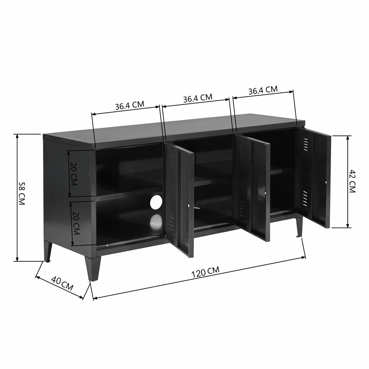 Homy Casa Grande armadio in metallo a doppio rivestimento con 3 ante in metallo, mobile da ufficio o guardaroba con due ripiani, basso, misure: 120 x 40 x 58 cm, nero