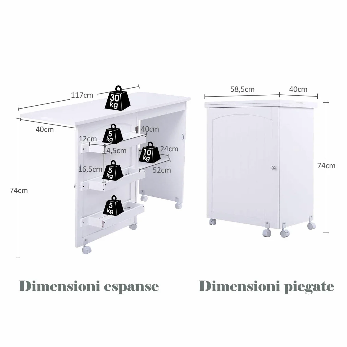 GOPLUS Mobiletto Cucito Pieghevole con Mensole e 5 Ruote Armadietto per Cucito Tavolo Allungabile per Macchina da Cucire 117x77x40 cm (Bianco)