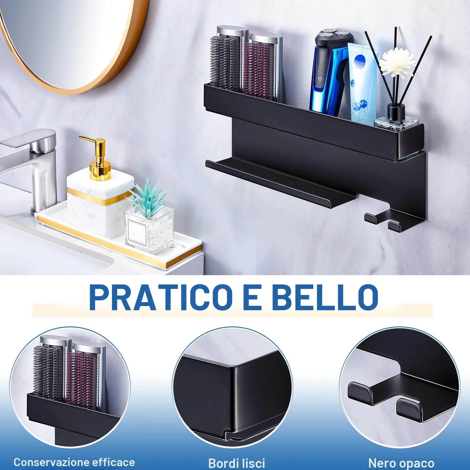 Supporto Phon Da Parete, Lo Stent Asciugacapelli È Adatto Per Gli Accessori Styler Curling Device, Supporto Autoadesivo Per Asciugacapelli, Porta Phon Bagno (Nero)
