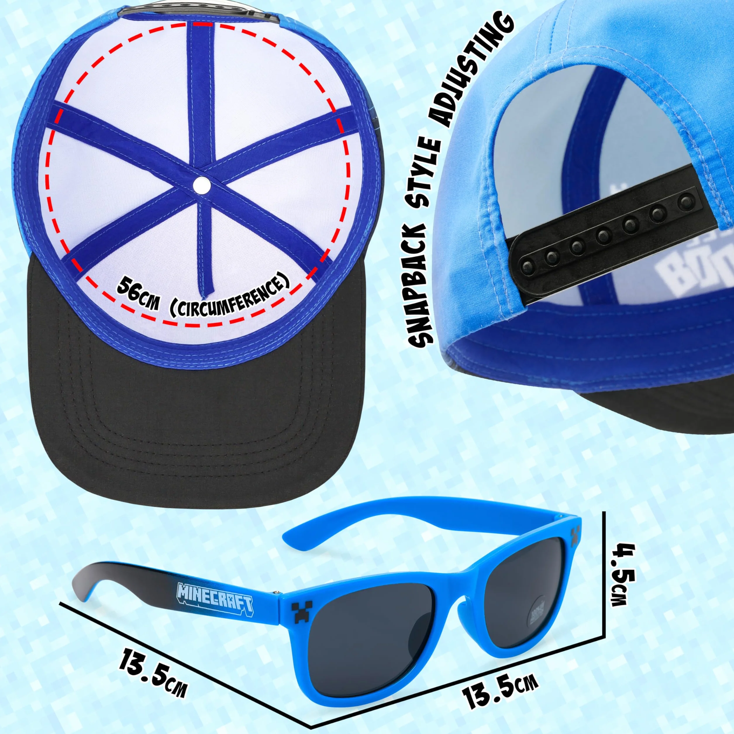 MINECRAFT Occhiali Sole Cappello Bambino Set Creeper Berretto Baseball Regolabile Visiera UV