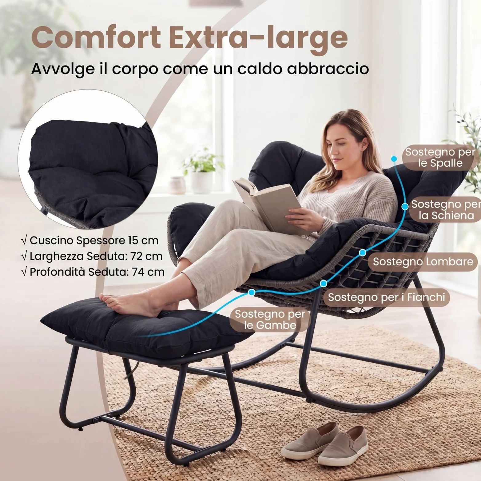 COSTWAY Sedia a Dondolo da Interno ed Esterno, Poltrona a Dondolo con Poggiapiedi e Cuscini Rimovibili, Poltrona Relax in Rattan con Telaio in Metallo per Soggiorno e Giardino, Portata 150 kg (Nero)