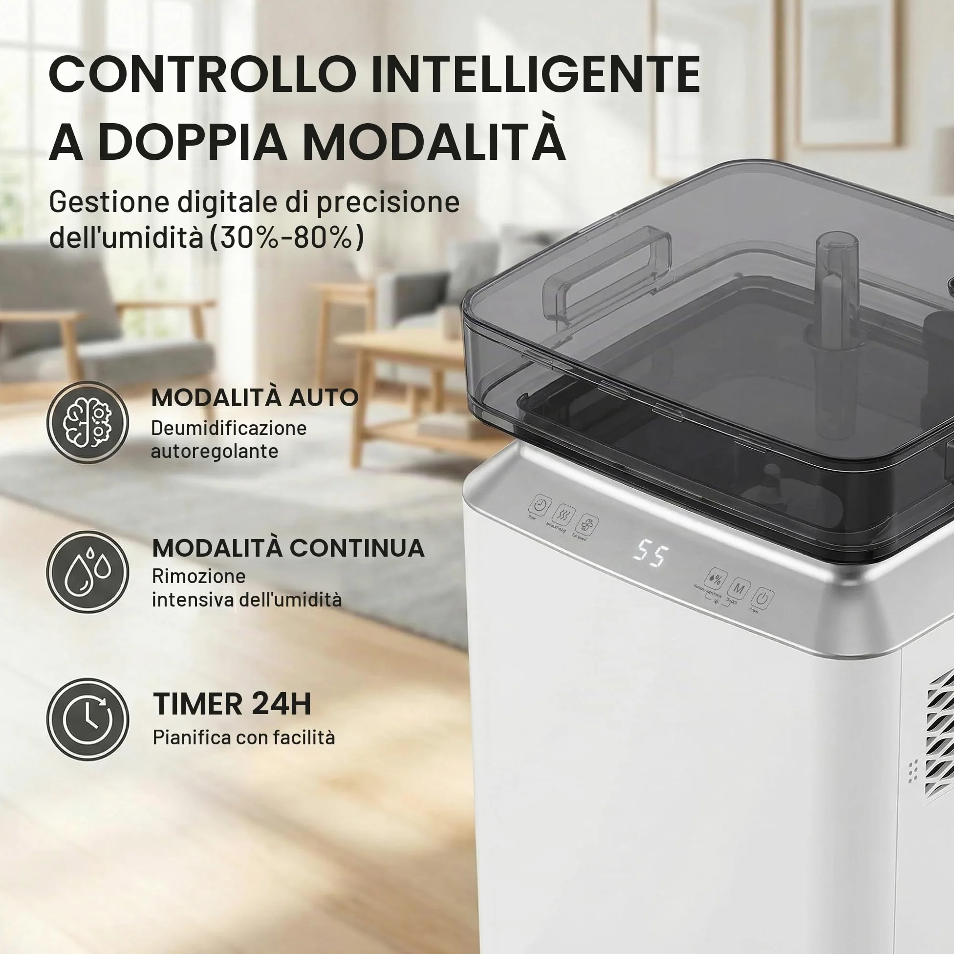 Deumidificatore Elettrico Casa Antimuffa: 80L/Giorno ad Alta Capacità con Pompa Controllo Intelligente dell’Umidità Sicurezza Bambini Ideale per Casa Ufficio Cantina Grandi Ambienti