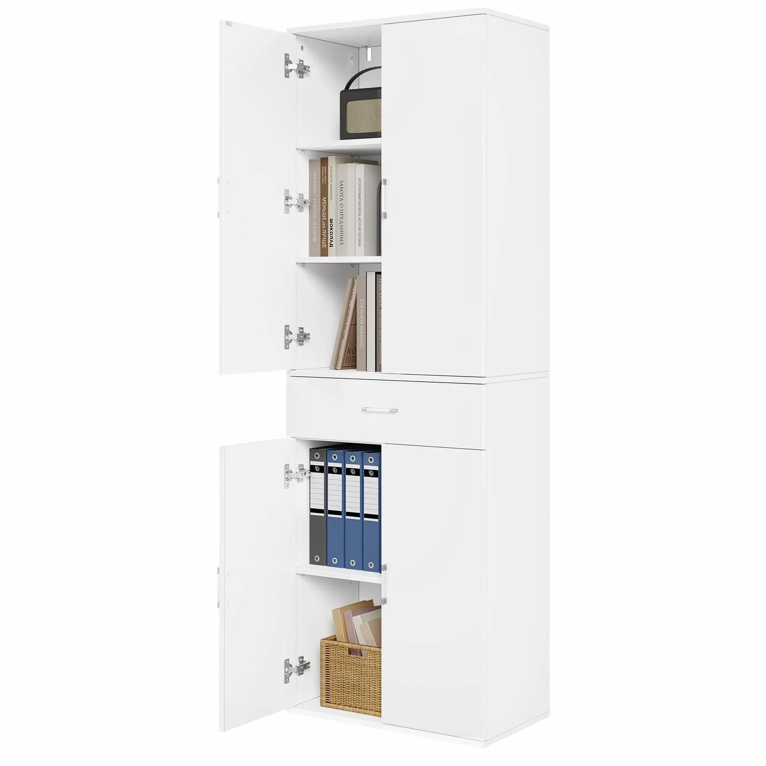 eSituro Armadio per Ufficio, Armadio per Archiviazione, 3 Ripiani Regolabili, 1 Cassetto, Legno Ingegnerizzato, 60x34x180 cm, Bianco