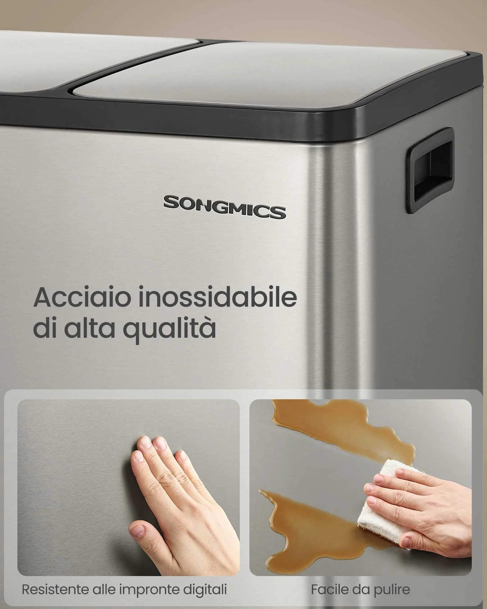 SONGMICS Pattumiera Cucina 3 x 18 L, Cestino per Raccolta Differenziata 3 Scomparti, 15 Sacchetti, Secchi Rimovibili, Coperchio, Maniglie, Chiusura Morbida, Acciaio Inox, Argento LTB254EZ01