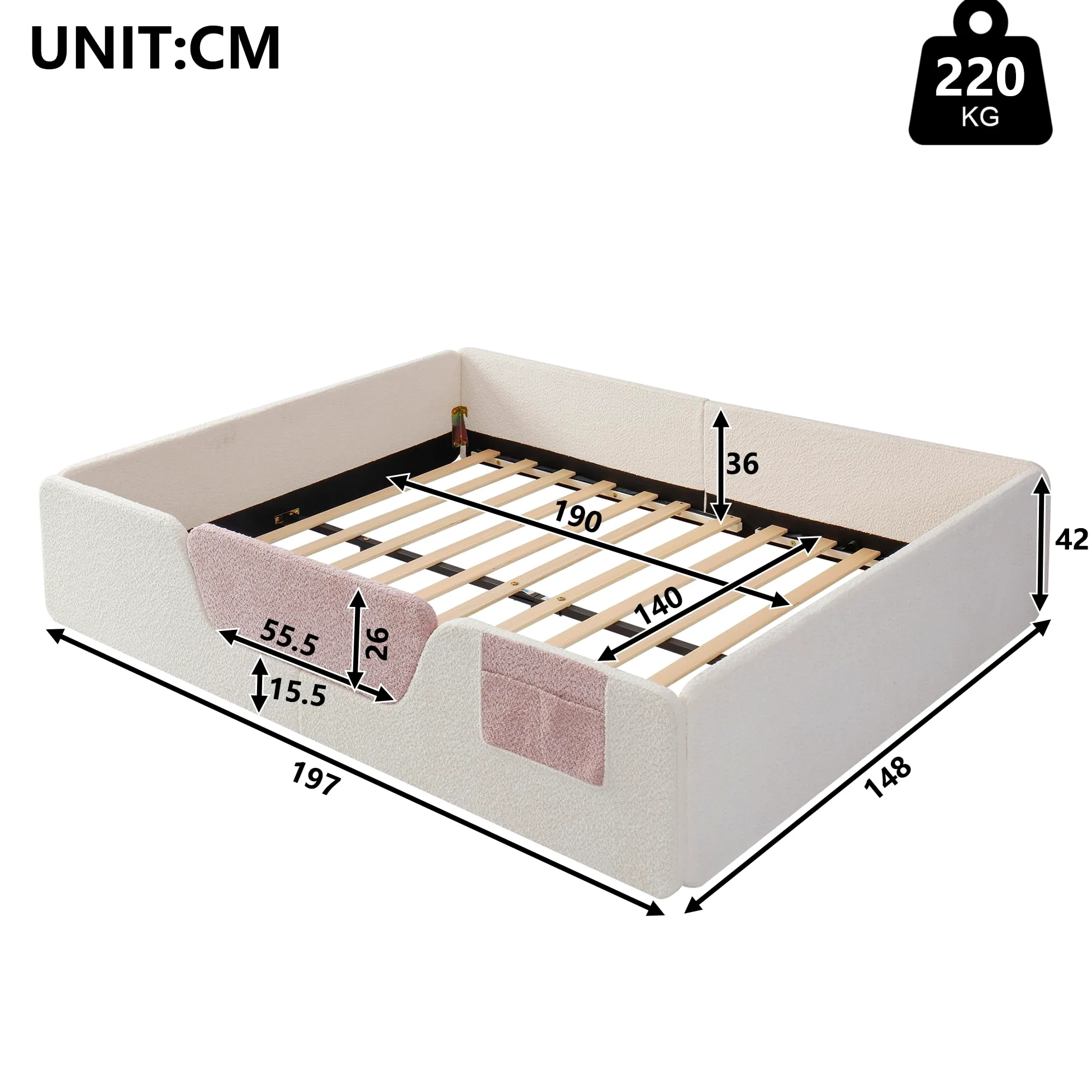 Montessori Letto a Terra per Bambini 140x190cm, Letto Piazza e Mezza per Bambini con Borsa Portaoggetti in Tessuto e Sponde di Sicurezza Removibili, Letto imbottito in Velluto(Senza Materasso) Beige