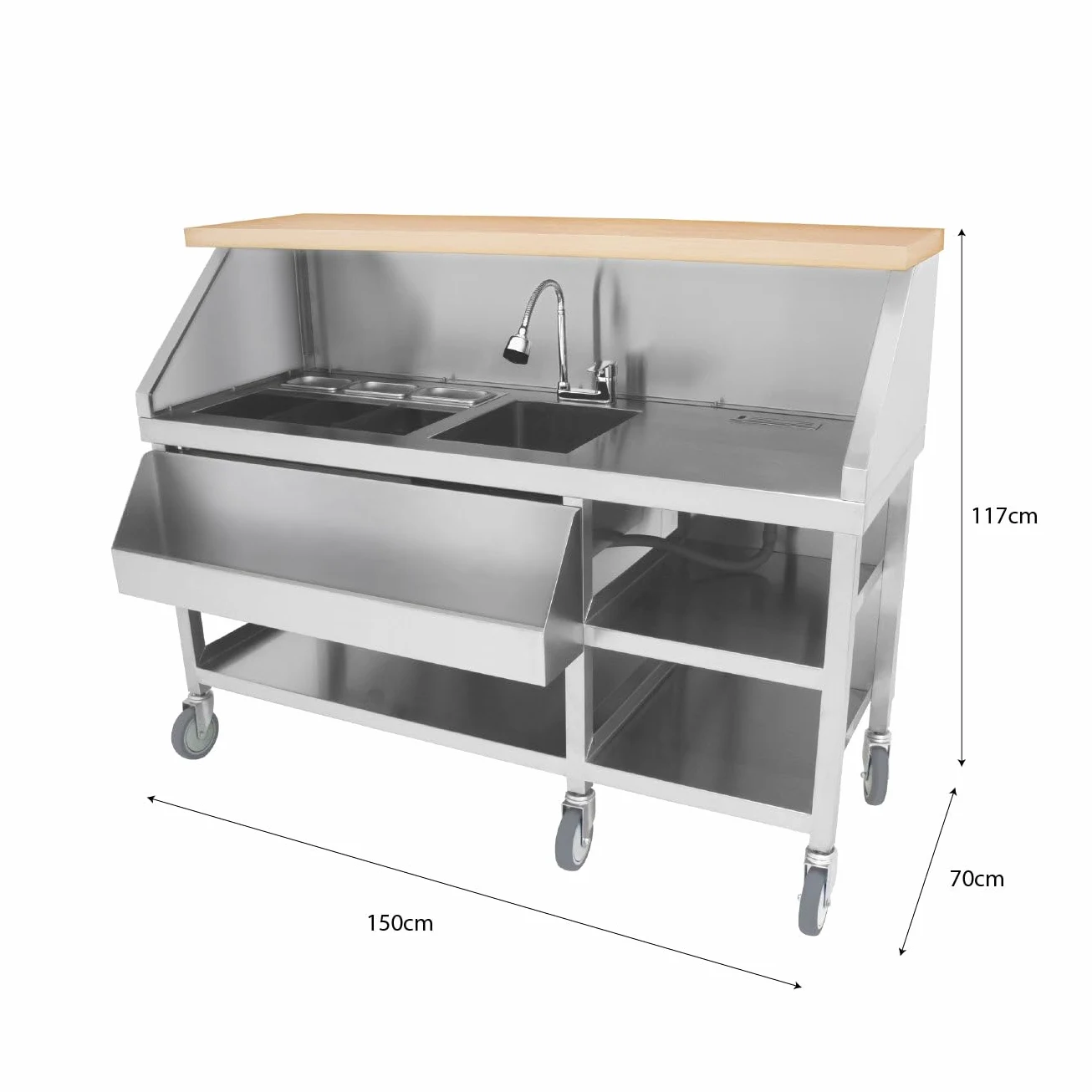 Postazione Mobile Cocktail Acciaio Inox Bancone Effetto Legno Ghiaccio Isolato 62L Lavello Integrato Mensole Doppio Livello Speed Rail Contenitori Gastro Portacoltelli Lavagna Magnetica e Shaker