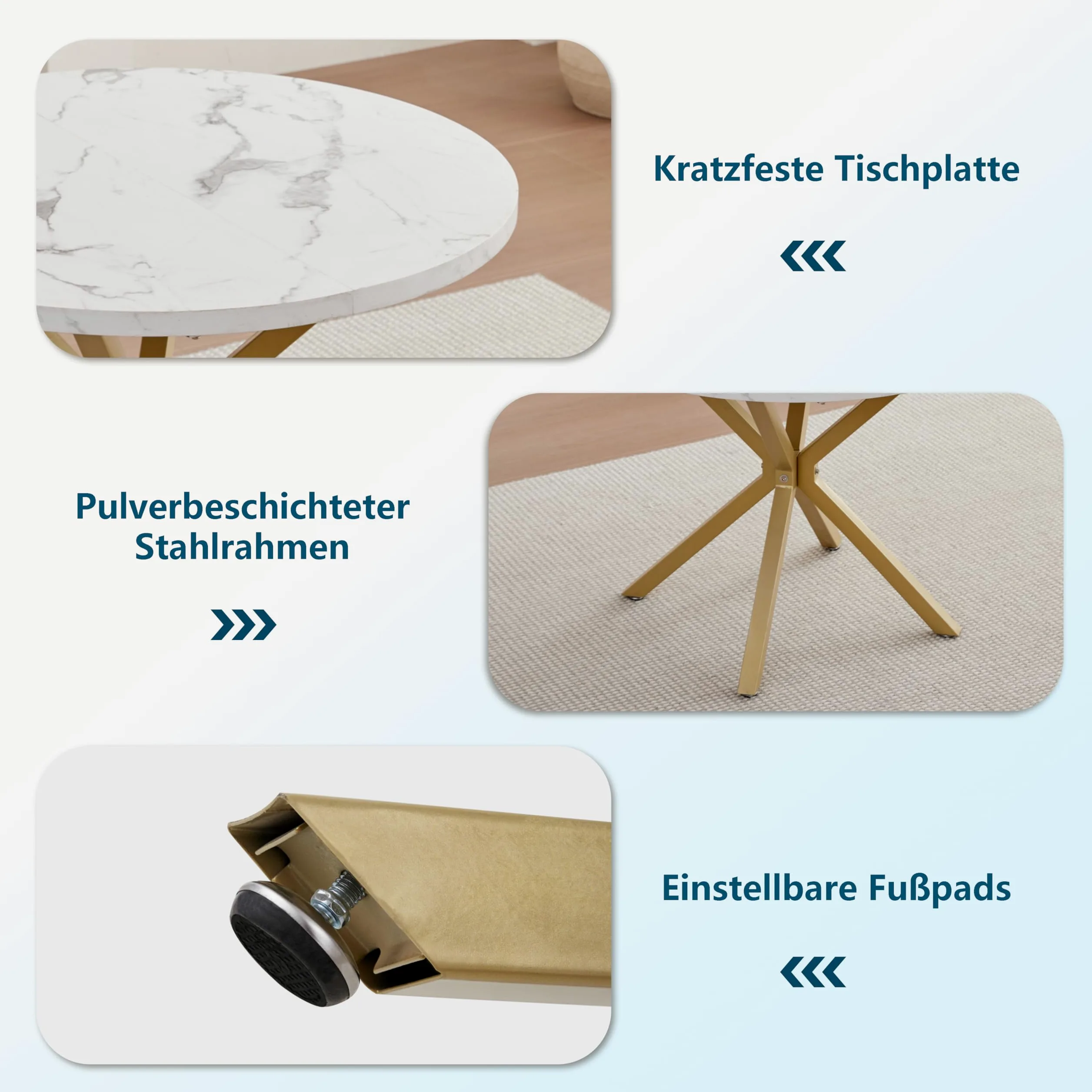 Set Tavolo e Sedie da Pranzo, Tavolo da Pranzo Rotondo da 100 * 100 * 76.5 cm e 4 Sedie Moderne in Teddy Fleece, per Sala da Pranzo, Cucina, Soggiorno, Colore Marmo-GD + Beige