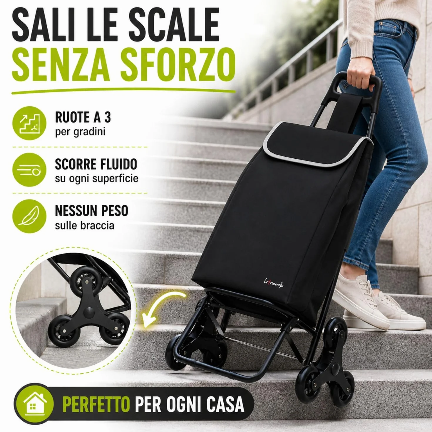 Leonardo Trolley per la Spesa con Tre Ruote Girevoli Saliscale, Portaspesa con Borsa Rimovibile