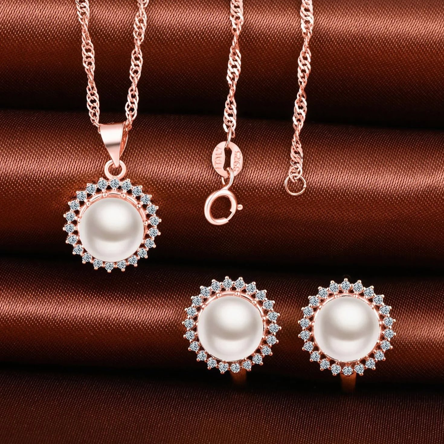 MicLee Collane ciondoli e orecchini di perle per donna: Parure di gioielli in argento 925 - Collana e orecchini stile girasole con zirconi - Gioielli da sposa eleganti - Gioielli per feste